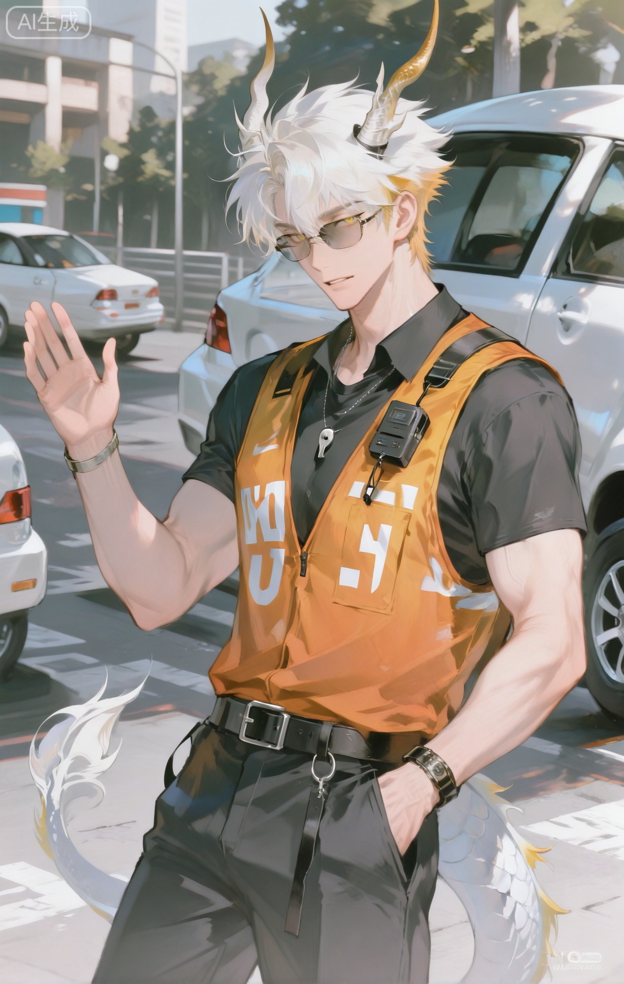 Small note art style,,xiaozhitiao,yu xuan,multicolored hair,White dragon tail,White dragon horns,yellow eyes,white hair,blonde hair,1boy,bangs
,socks,white socks

(artist:mazjojo:0.53),(artist:pigeon666:0.37),(artist:zawar379:0.57),(artist:remsrar:0.35),(artist:yoneyama mai:0.64),(yokoyari mengo:0.6),(colored pencil medium),(rei sanbonzakura),(flat color:1.2),masterpiece,best quality,highres,absurdres,extremely detailed,amazing quality,very aesthetic,ultra - detailed,scenery,depth of field,volumetric lighting,high definition,detailed eyes,detailed beautiful face and eyes,best aesthetic,good colors,bright skin,lots of details,1boy,male focus,alert look,fair skin, athletic build,Anime style,(watchful expression:1.3),(directing cars in a parking lot:1.2),(sharp eyes),in a busy 停车场,cars moving in and out, other parking attendants in the distance,(dynamic pose:standing in the middle of an aisle, waving a parking wand),wearing a bright - orange safety vest over a black tee, black work pants, black shoes,a walkie - talkie attached to his belt, a whistle around his neck,a pair of reflective sunglasses, intricate details,safety - vest and parking - wand details,outdoor sunlight with car reflections,cel - shading,anime key visual,ultra HD,8k,Phainon