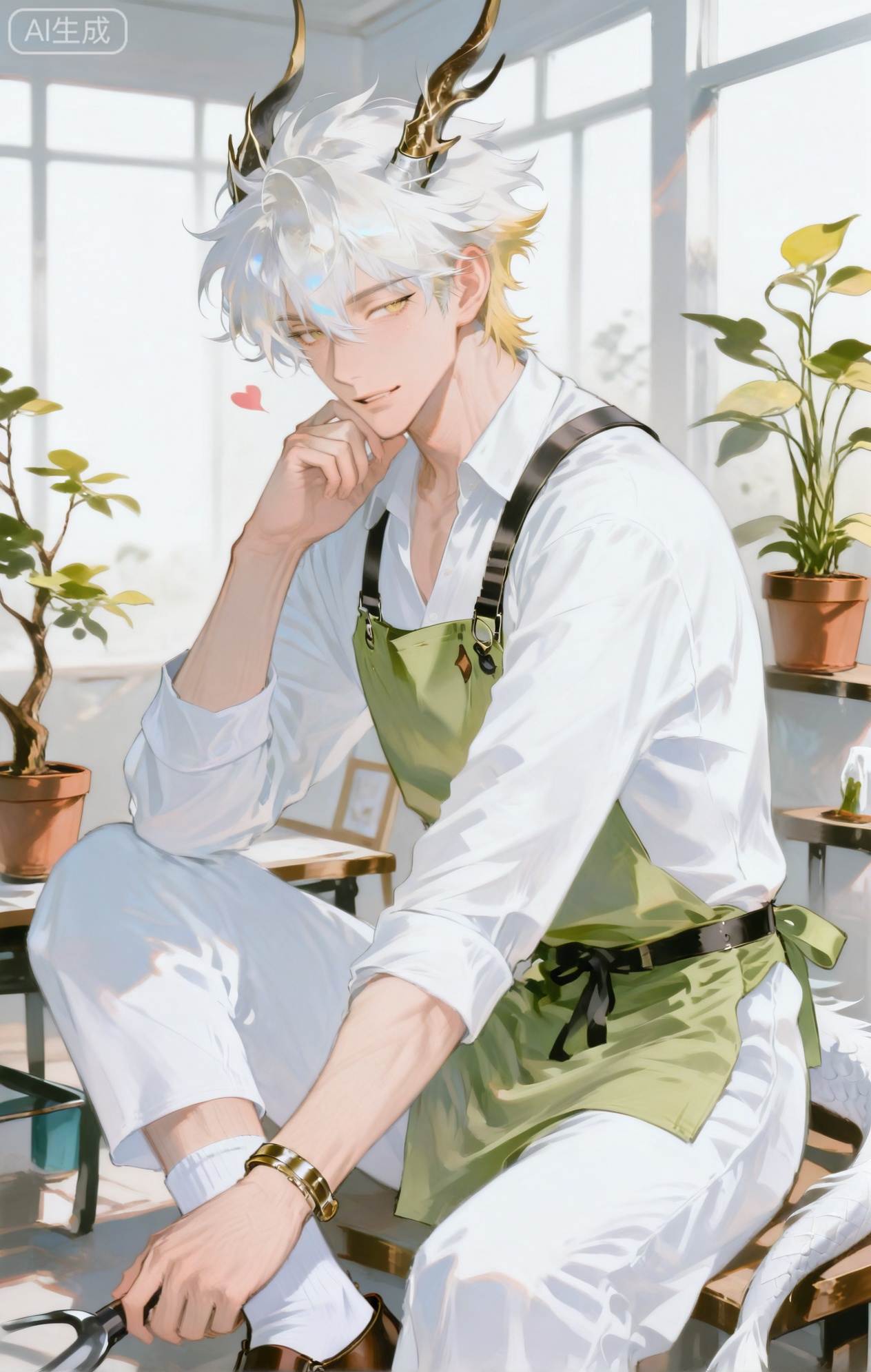 Small note art style,,xiaozhitiao,yu xuan,multicolored hair,White dragon tail,White dragon horns,yellow eyes,white hair,blonde hair,1boy,bangs
,socks,white socks

(artist:mazjojo:0.53),(artist:pigeon666:0.37),(artist:zawar379:0.57),(artist:remsrar:0.35),(artist:yoneyama mai:0.64),(yokoyari mengo:0.6),(colored pencil medium),(rei sanbonzakura),(flat color:1.2),masterpiece,best quality,highres,absurdres,extremely detailed,amazing quality,very aesthetic,ultra - detailed,scenery,depth of field,volumetric lighting,high definition,detailed eyes,detailed beautiful face and eyes,best aesthetic,good colors,bright skin,lots of details,1boy,male focus,gentle - natured look,freckled skin,slender build,Anime style,(loving expression:1.3),(arranging potted plants in a nursery:1.2),(soft eyes),inside a greenhouse - like 园艺店,rows of colorful potted plants, gardening tools on a bench,(dynamic pose:kneeling, carefully adjusting a plant's position),wearing a light - green canvas apron over a white button - down shirt, brown corduroy pants, brown leather gardening shoes,a pair of gardening gloves, a small trowel in his hand,a watering can nearby, intricate details,canvas and plant details,soft, green - tinged lighting,cel - shading,anime key visual,ultra HD,8k,Phainon