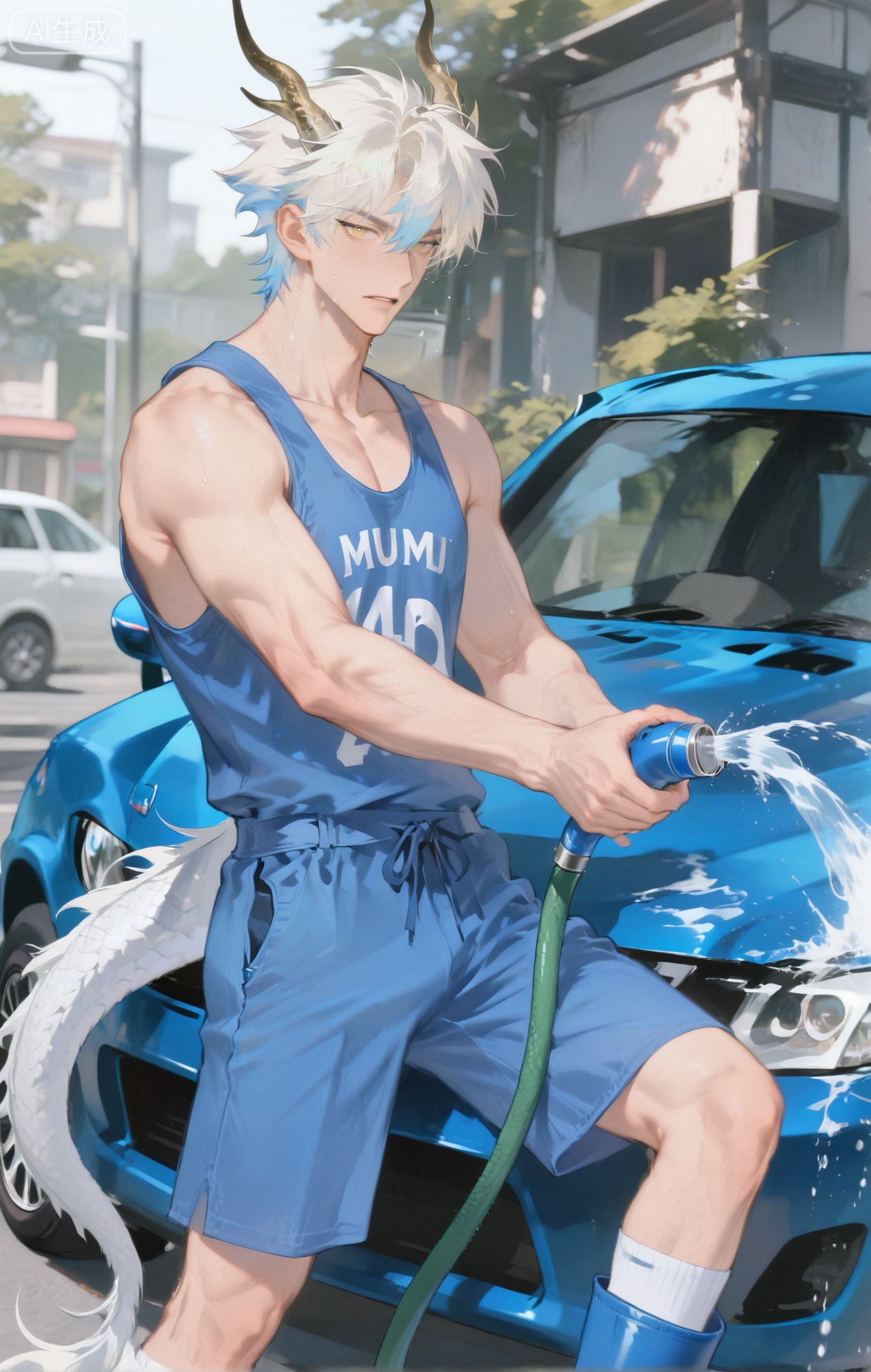 Small note art style,,xiaozhitiao,yu xuan,multicolored hair,White dragon tail,White dragon horns,yellow eyes,white hair,blonde hair,1boy,bangs
,socks,white socks

(artist:mazjojo:0.53),(artist:pigeon666:0.37),(artist:zawar379:0.57),(artist:remsrar:0.35),(artist:yoneyama mai:0.64),(yokoyari mengo:0.6),(colored pencil medium),(rei sanbonzakura),(flat color:1.2),masterpiece,best quality,highres,absurdres,extremely detailed,amazing quality,very aesthetic,ultra - detailed,scenery,depth of field,volumetric lighting,high definition,detailed eyes,detailed beautiful face and eyes,best aesthetic,good colors,bright skin,lots of details,1boy,male focus,energetic look,tan skin, muscular build,Anime style,(enthusiastic expression:1.3),(spraying water on a car at a car wash:1.2),(lively eyes),at a busy 洗车行,cars waiting in line, hoses and cleaning supplies everywhere,(dynamic pose:holding a high - pressure hose, water spraying onto a car),wearing a navy - blue work jumpsuit with the sleeves rolled up, rubber boots,a pair of thick cleaning gloves, a cap with the car - wash logo,a bucket of soap nearby, intricate details,jumpsuit and water - spray details,bright sunlight with water droplets,cel - shading,anime key visual,ultra HD,8k,Phainon