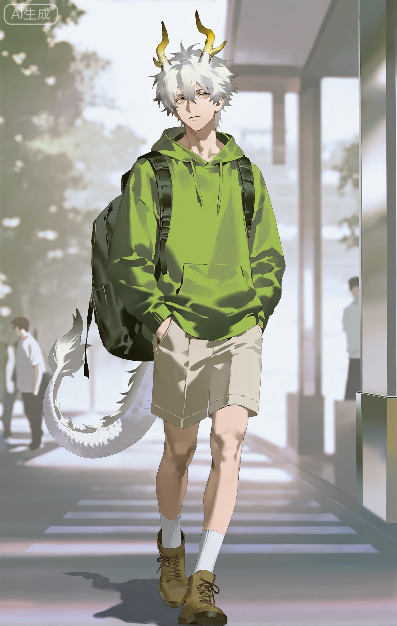Small note art style,,xiaozhitiao,yu xuan,multicolored hair,White dragon tail,White dragon horns,yellow eyes,white hair,blonde hair,1boy,bangs
,socks,white socks

(colored pencil medium),(rei sanbonzakura),(flat color:1.2),masterpiece,best quality,highres,absurdres,extremely detailed,amazing quality,very aesthetic,ultra - detailed,scenery,depth of field,volumetric lighting,high definition,detailed eyes,detailed beautiful face and eyes,best aesthetic,good colors,bright skin,lots of details,1boy,male focus,laid - back look,smooth skin,athletic build,Anime style,(casual expression:1.3),(walking around the mall:1.2),(relaxed eyes),in a large, bustling 商场,shops on both sides, people carrying shopping bags,(dynamic pose:strolling with hands in pockets, looking at store displays),wearing a forest - green pullover hoodie, khaki cargo shorts, brown leather sandals,a pair of sunglasses pushed onto his head,a backpack with some small trinkets hanging from it,a mobile phone in his hand, intricate details,hoodie and cargo - shorts details,bright mall lighting,cel - shading,anime key visual,ultra HD,8k,Phainon