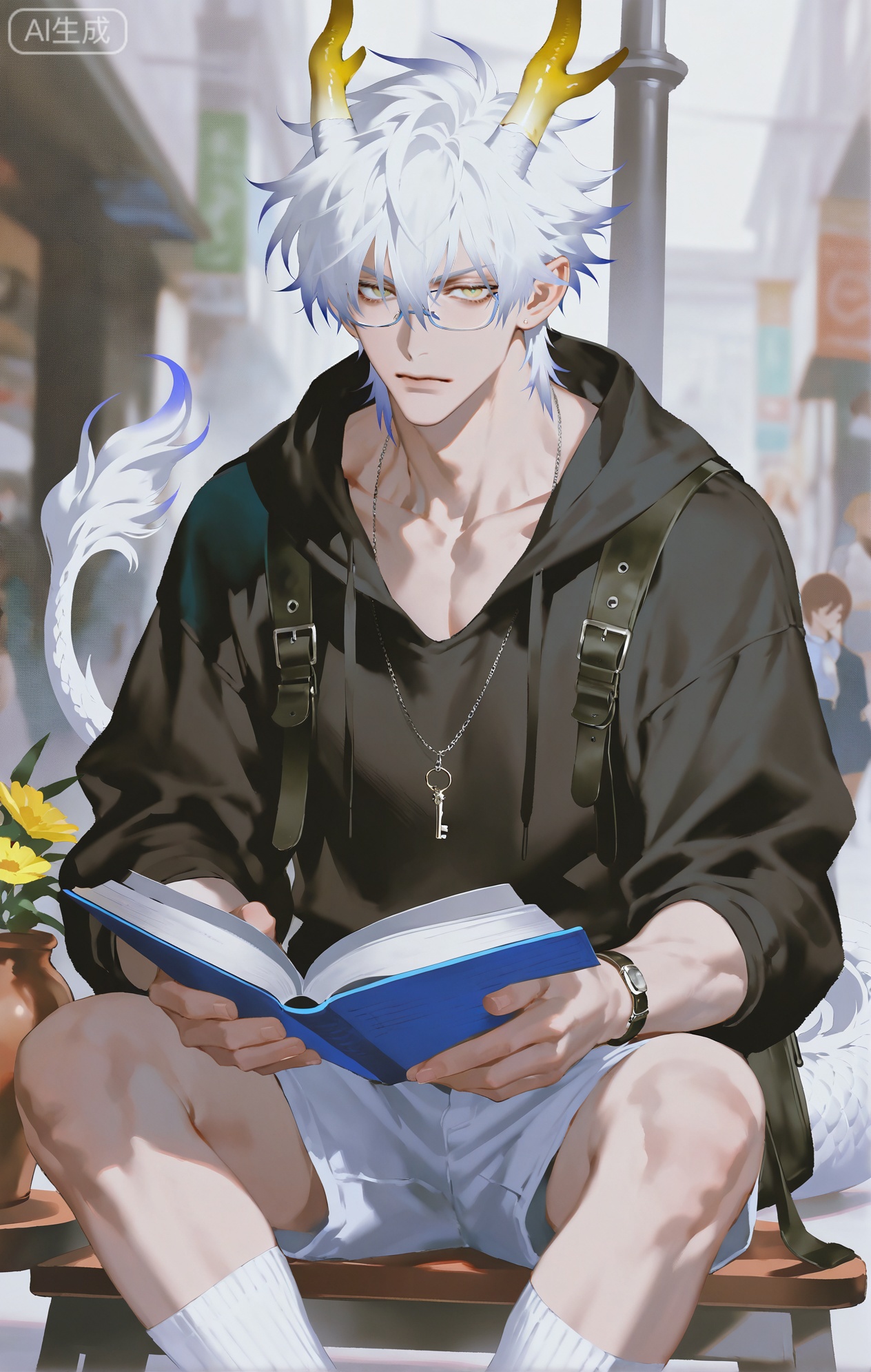 Small note art style,,xiaozhitiao,yu xuan,multicolored hair,White dragon tail,White dragon horns,yellow eyes,white hair,blonde hair,1boy,bangs
,socks,white socks

(artist:mazjojo:0.53),(artist:pigeon666:0.37),(artist:zawar379:0.57),(artist:remsrar:0.35),(artist:yoneyama mai:0.64),(yokoyari mengo:0.6),(colored pencil medium),(rei sanbonzakura),(flat color:1.2),masterpiece,best quality,highres,absurdres,extremely detailed,amazing quality,very aesthetic,ultra - detailed,scenery,depth of field,volumetric lighting,high definition,detailed eyes,detailed beautiful face and eyes,best aesthetic,good colors,bright skin,lots of details,1boy,male focus,contemplative look,fair skin,slender build,Anime style,(absorbed expression:1.3),(reading a book at a coffee shop:1.2),(intense eyes),sitting at an outdoor table of a cozy coffee shop on a busy street, people walking by, a flower pot on the table,(dynamic pose:leaning forward slightly, one hand holding the book, the other on a cup of coffee),wearing a light - blue oversized hoodie with a small logo on the chest, light - wash denim shorts, white low - top canvas shoes,a pair of reading glasses,a leather - bound notebook beside the book,a pen tucked behind his ear, intricate details,hoodie and denim details,soft street - side lighting,cel - shading,anime key visual,ultra HD,8k,Phainon