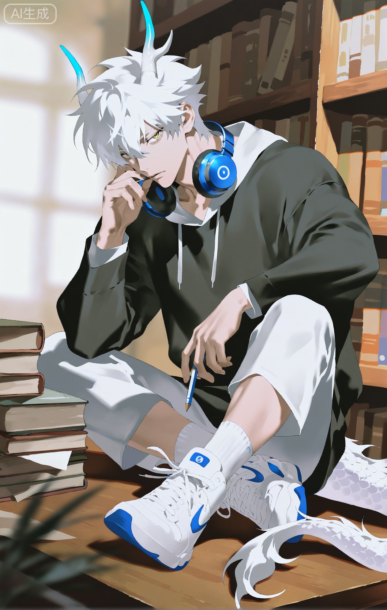 Small note art style,,xiaozhitiao,yu xuan,multicolored hair,White dragon tail,White dragon horns,yellow eyes,white hair,blonde hair,1boy,bangs
,socks,white socks

(artist:mazjojo:0.53),(artist:pigeon666:0.37),(artist:zawar379:0.57),(artist:remsrar:0.35),(artist:yoneyama mai:0.64),(yokoyari mengo:0.6),(colored pencil medium),(rei sanbonzakura),(flat color:1.2),masterpiece,best quality,highres,absurdres,extremely detailed,amazing quality,very aesthetic,ultra - detailed,scenery,depth of field,volumetric lighting,high definition,detailed eyes,detailed beautiful face and eyes,best aesthetic,good colors,bright skin,lots of details,1boy,male focus,studious look,rosy - cheeked skin, medium build,Anime style,(concentrated expression:1.3),(taking notes in the library:1.2),(focused eyes),sitting at a wooden table in a large, quiet library, bookshelves filled with books in the background,(dynamic pose:hunched over, a pen in hand, a stack of books and papers in front of him),wearing a gray zip - up hoodie, black jogger pants, white socks with gray stripes, black and white sneakers,a pair of headphones around his neck,a highlighter and a ruler on the table,a library card in his pocket, intricate details,hoodie and jogger - pants details,soft library lighting,cel - shading,anime key visual,ultra HD,8k,Phainon