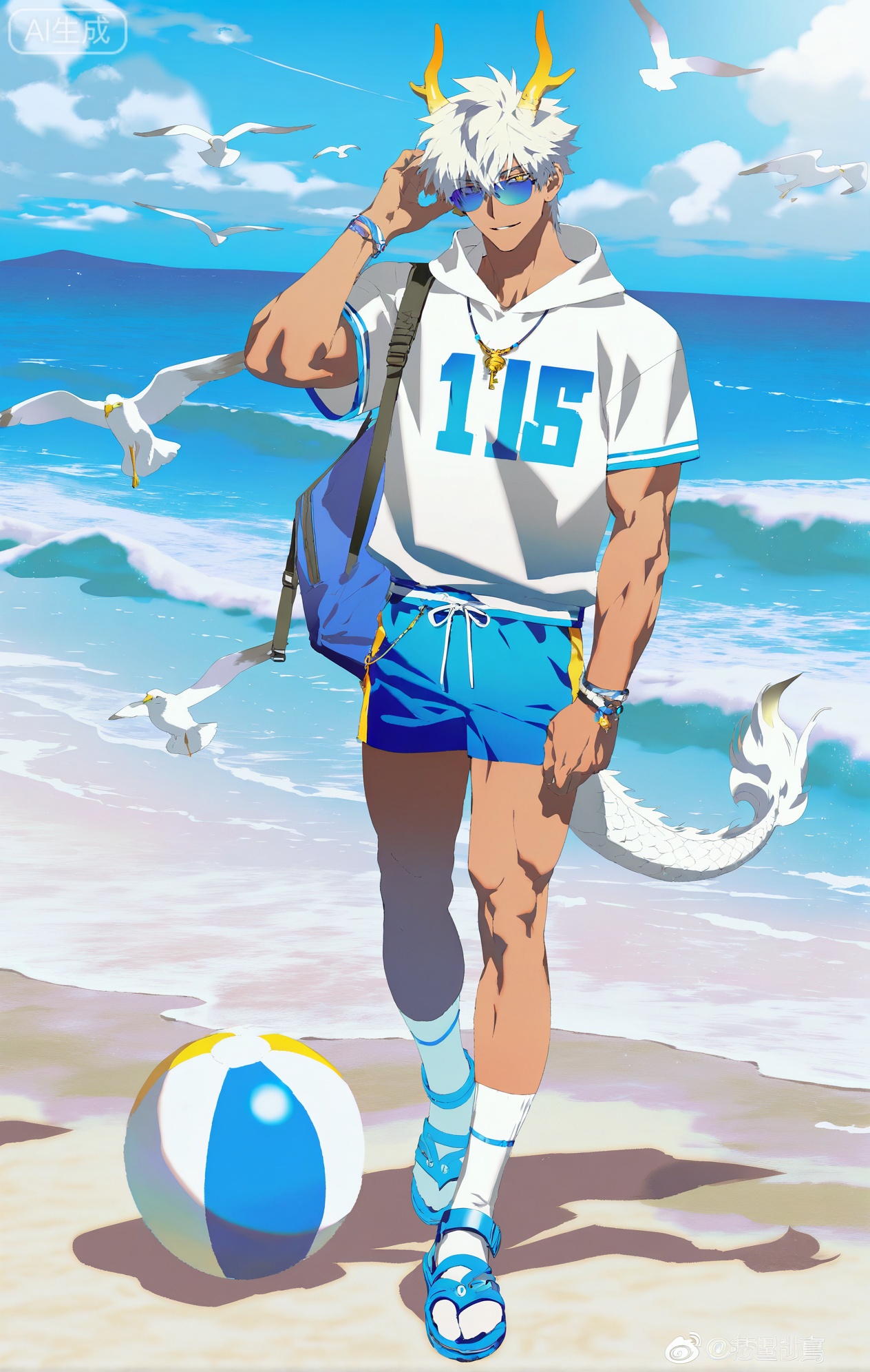 Small note art style,,xiaozhitiao,yu xuan,multicolored hair,White dragon tail,White dragon horns,yellow eyes,white hair,blonde hair,1boy,bangs
,socks,white socks

(artist:mazjojo:0.53),(artist:pigeon666:0.37),(artist:zawar379:0.57),(artist:remsrar:0.35),(artist:yoneyama mai:0.64),(yokoyari mengo:0.6),(colored pencil medium),(rei sanbonzakura),(flat color:1.2),masterpiece,best quality,highres,absurdres,extremely detailed,amazing quality,very aesthetic,ultra - detailed,scenery,depth of field,volumetric lighting,high definition,detailed eyes,detailed beautiful face and eyes,best aesthetic,good colors,bright skin,lots of details,1boy,male focus,carefree look,tan skin, muscular build,Anime style,(joyful expression:1.3),(walking on the beach:1.2),(smiling eyes),walking on a sandy beach with the ocean waves crashing nearby, seagulls flying overhead,(dynamic pose:strolling, looking out at the ocean, a beach ball in one hand),wearing a white hoodie with a blue wave - like print, blue board shorts, flip - flops,a shell - adorned necklace,a pair of blue - tinted sunglasses,a towel draped over his shoulder, intricate details,wave - print and beach - gear details,bright sunlight and ocean reflections,cel - shading,anime key visual,ultra HD,8k,Phainon