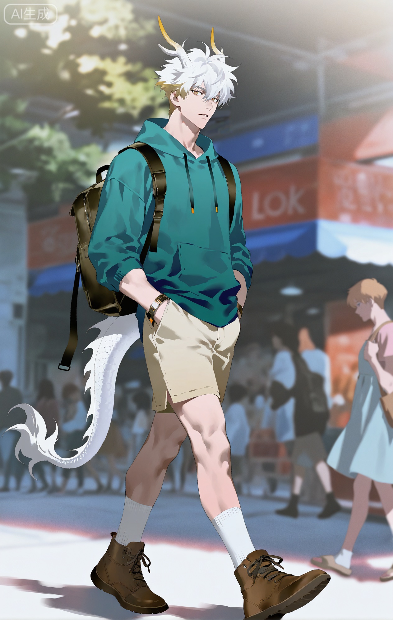 Small note art style,,xiaozhitiao,yu xuan,multicolored hair,White dragon tail,White dragon horns,yellow eyes,white hair,blonde hair,1boy,bangs
,socks,white socks

(artist:mazjojo:0.53),(artist:pigeon666:0.37),(artist:zawar379:0.57),(artist:remsrar:0.35),(artist:yoneyama mai:0.64),(yokoyari mengo:0.6),(colored pencil medium),(rei sanbonzakura),(flat color:1.2),masterpiece,best quality,highres,absurdres,extremely detailed,amazing quality,very aesthetic,ultra - detailed,scenery,depth of field,volumetric lighting,high definition,detailed eyes,detailed beautiful face and eyes,best aesthetic,good colors,bright skin,lots of details,1boy,male focus,laid - back look,smooth skin,athletic build,Anime style,(casual expression:1.3),(walking around the mall:1.2),(relaxed eyes),in a large, bustling 商场,shops on both sides, people carrying shopping bags,(dynamic pose:strolling with hands in pockets, looking at store displays),wearing a forest - green pullover hoodie, khaki cargo shorts, brown leather sandals,a pair of sunglasses pushed onto his head,a backpack with some small trinkets hanging from it,a mobile phone in his hand, intricate details,hoodie and cargo - shorts details,bright mall lighting,cel - shading,anime key visual,ultra HD,8k,Phainon