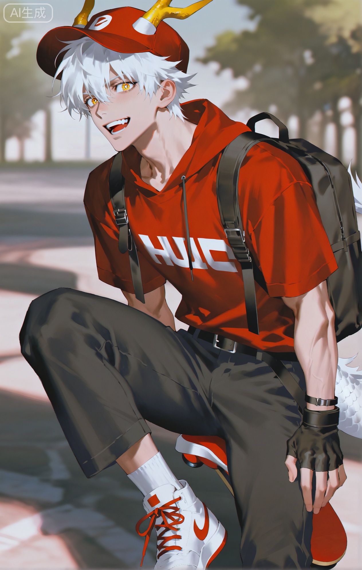 Small note art style,,xiaozhitiao,yu xuan,multicolored hair,White dragon tail,White dragon horns,yellow eyes,white hair,blonde hair,1boy,bangs
,socks,white socks

(artist:mazjojo:0.53),(artist:pigeon666:0.37),(artist:zawar379:0.57),(artist:remsrar:0.35),(artist:yoneyama mai:0.64),(yokoyari mengo:0.6),(colored pencil medium),(rei sanbonzakura),(flat color:1.2),masterpiece,best quality,highres,absurdres,extremely detailed,amazing quality,very aesthetic,ultra - detailed,scenery,depth of field,volumetric lighting,high definition,detailed eyes,detailed beautiful face and eyes,best aesthetic,good colors,bright skin,lots of details,1boy,male focus,energetic look,healthy - looking skin,athletic build,Anime style,(excited expression:1.3),(doing a kickflip on a skateboard:1.2),(sparkling eyes),in a park skate area with ramps and rails, green grass and trees in the background,(dynamic pose:mid - air, skateboard beneath his feet),wearing a red and black checker - patterned hoodie, black skinny jeans, white sneakers with red laces,a snapback hat with a skate brand logo,a backpack with skate tools attached,a pair of fingerless gloves for better grip, intricate details,checker - pattern and skate - gear details,bright sunlight,cel - shading,anime key visual,ultra HD,8k,Phainon