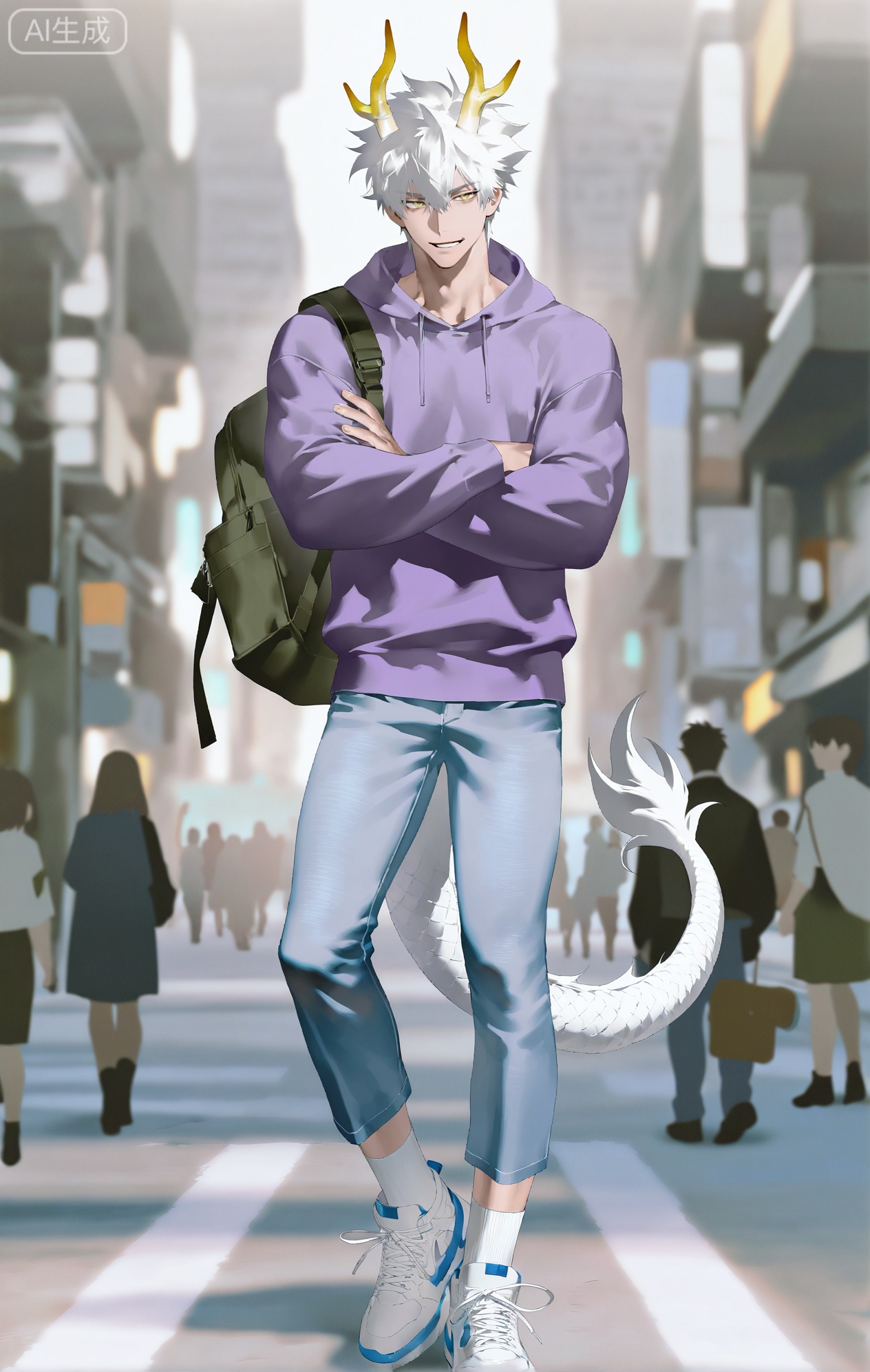 Small note art style,,xiaozhitiao,yu xuan,multicolored hair,White dragon tail,White dragon horns,yellow eyes,white hair,blonde hair,1boy,bangs
,socks,white socks

(artist:mazjojo:0.53),(artist:pigeon666:0.37),(artist:zawar379:0.57),(artist:remsrar:0.35),(artist:yoneyama mai:0.64),(yokoyari mengo:0.6),(colored pencil medium),(rei sanbonzakura),(flat color:1.2),masterpiece,best quality,highres,absurdres,extremely detailed,amazing quality,very aesthetic,ultra - detailed,scenery,depth of field,volumetric lighting,high definition,detailed eyes,detailed beautiful face and eyes,best aesthetic,good colors,bright skin,lots of details,1boy,male focus,entertained look,rosy - cheeked skin, athletic build,Anime style,(amused expression:1.3),(watching a street performance:1.2),(smiling eyes),standing on the sidewalk of a busy street, a street performer doing tricks in the middle, a small crowd gathered,(dynamic pose:standing with arms crossed, enjoying the show),wearing a purple hoodie with a cool graphic on the front, light - blue denim jeans, white low - top sneakers,a backpack slung over one shoulder,a can of soda in his hand,a pair of sunglasses pushed onto his head, intricate details,hoodie graphic and denim details,street - side lighting,cel - shading,anime key visual,ultra HD,8k,Phainon