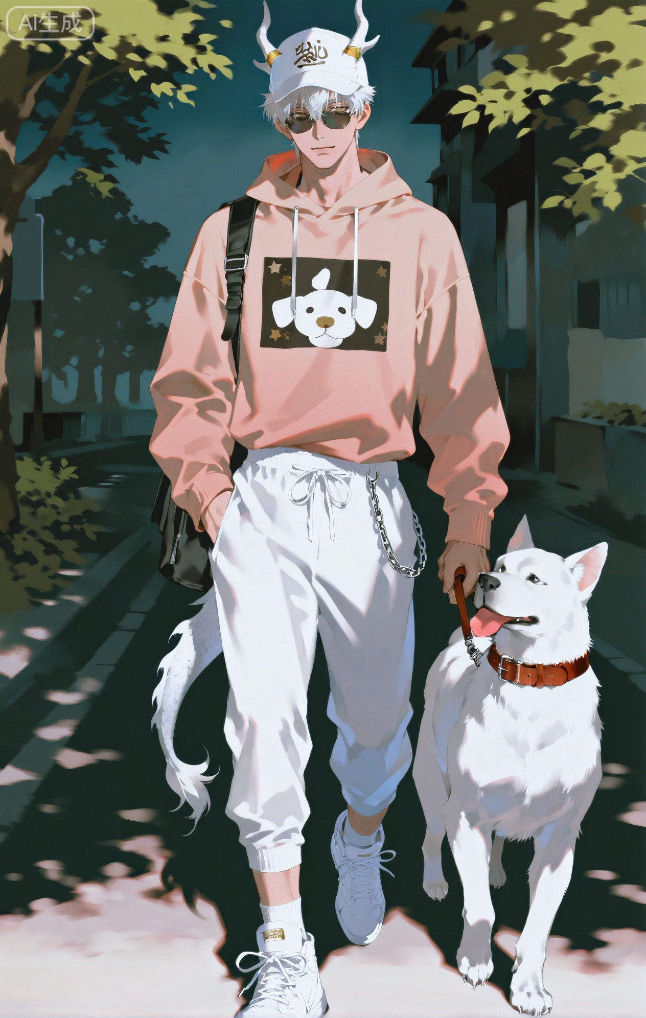Small note art style,,xiaozhitiao,yu xuan,multicolored hair,White dragon tail,White dragon horns,yellow eyes,white hair,blonde hair,1boy,bangs
,socks,white socks

(artist:mazjojo:0.53),(artist:pigeon666:0.37),(artist:zawar379:0.57),(artist:remsrar:0.35),(artist:yoneyama mai:0.64),(yokoyari mengo:0.6),(colored pencil medium),(rei sanbonzakura),(flat color:1.2),masterpiece,best quality,highres,absurdres,extremely detailed,amazing quality,very aesthetic,ultra - detailed,scenery,depth of field,volumetric lighting,high definition,detailed eyes,detailed beautiful face and eyes,best aesthetic,good colors,bright skin,lots of details,1boy,male focus,affectionate look,freckled skin, medium build,Anime style,(loving expression:1.3),(walking a dog in the neighborhood:1.2),(soft eyes),in a quiet 小区,houses with gardens, trees lining the sidewalk,(dynamic pose:holding a dog leash, the dog sniffing around),wearing a pastel - pink hoodie, light - gray sweatpants, white sneakers with pink laces,a dog treat pouch attached to his belt,a baseball cap with a dog - related logo,a pair of sunglasses, intricate details,hoodie and sweatpants details,soft neighborhood lighting,cel - shading,anime key visual,ultra HD,8k,Phainon