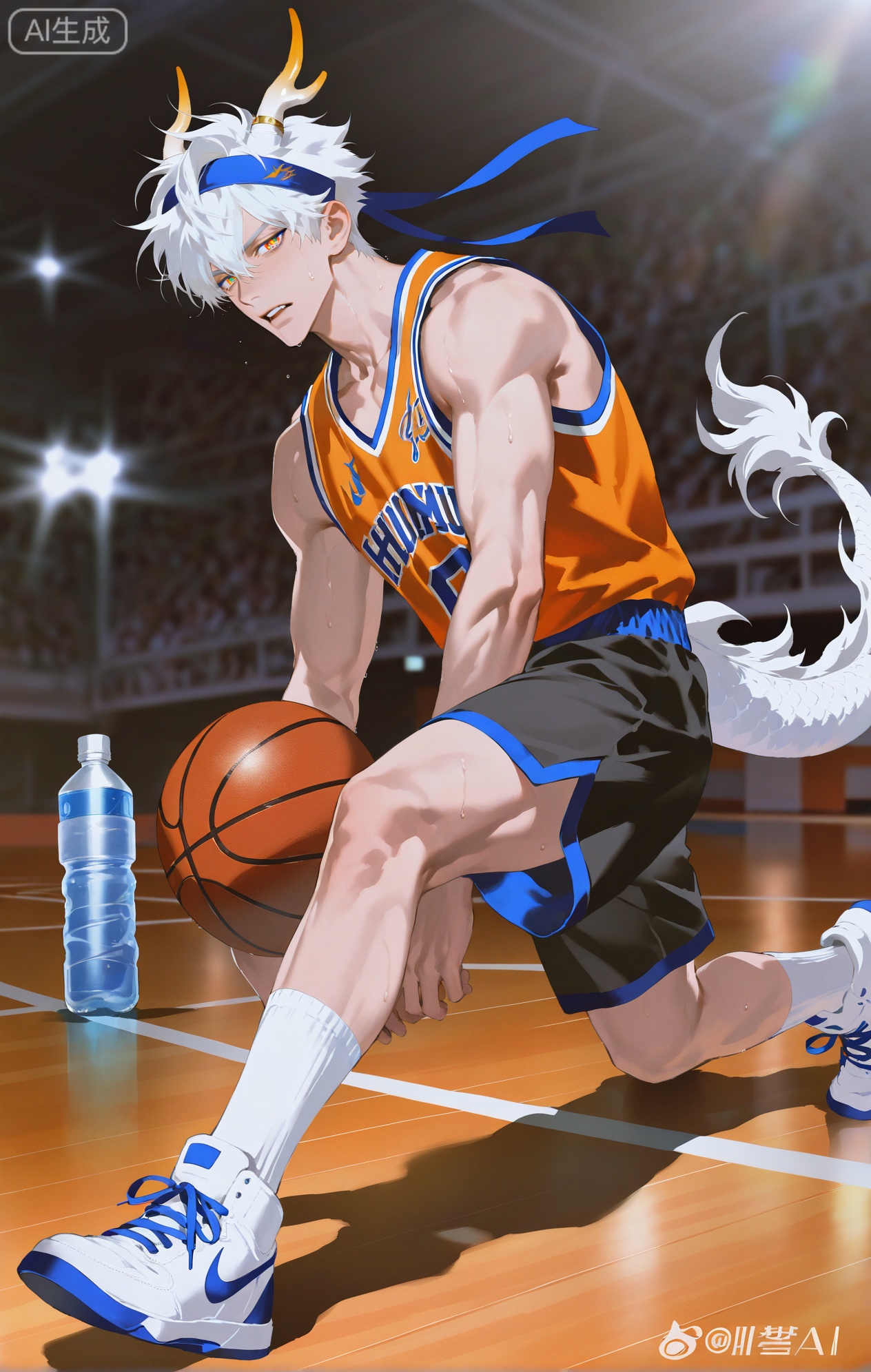 Small note art style,,xiaozhitiao,yu xuan,multicolored hair,White dragon tail,White dragon horns,yellow eyes,white hair,blonde hair,1boy,bangs
,socks,white socks

(artist:mazjojo:0.53),(artist:pigeon666:0.37),(artist:zawar379:0.57),(artist:remsrar:0.35),(artist:yoneyama mai:0.64),(yokoyari mengo:0.6),(colored pencil medium),(rei sanbonzakura),(flat color:1.2),masterpiece,best quality,highres,absurdres,extremely detailed,amazing quality,very aesthetic,ultra - detailed,scenery,depth of field,volumetric lighting,high definition,detailed eyes,detailed beautiful face and eyes,best aesthetic,good colors,bright skin,lots of details,1boy,male focus,energetic look,healthy - looking skin, athletic build,Anime style,(passionate expression:1.3),(dribbling a basketball in the gym:1.2),(fiery eyes),in a well - lit 体育馆,basketball hoops, other players on the court, spectators on the sidelines,(dynamic pose:lunging forward, dribbling with one hand, the other up for balance),wearing a black and orange basketball - themed hoodie, black basketball shorts, white high - top sneakers with orange accents,a headband to keep sweat away,a basketball jersey tied around his waist,a water bottle on the bench nearby, intricate details,hoodie and basketball - gear details,bright gym lighting,cel - shading,anime key visual,ultra HD,8k,Phainon