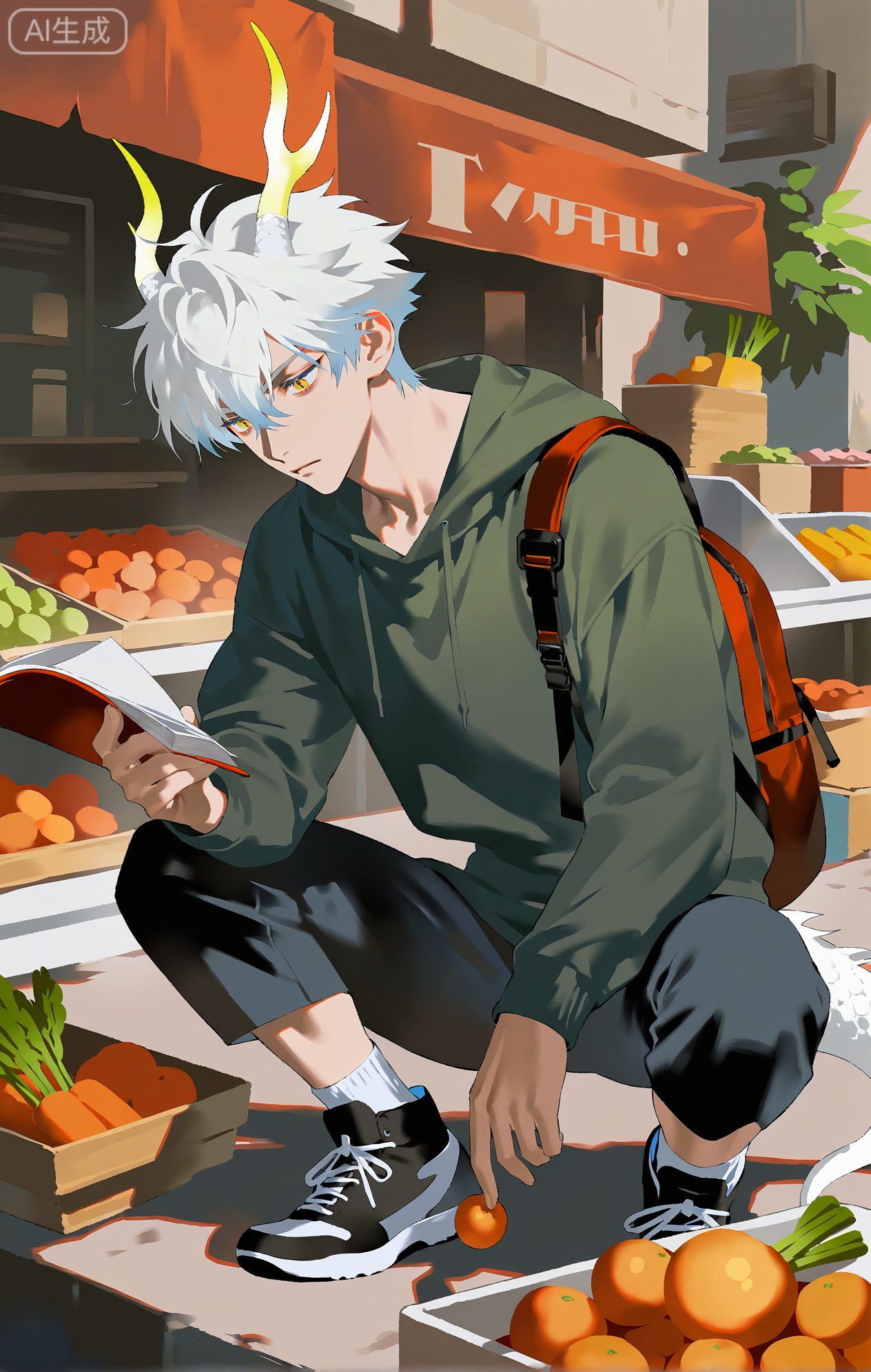 Small note art style,,xiaozhitiao,yu xuan,multicolored hair,White dragon tail,White dragon horns,yellow eyes,white hair,blonde hair,1boy,bangs
,socks,white socks

(artist:mazjojo:0.53),(artist:pigeon666:0.37),(artist:zawar379:0.57),(artist:remsrar:0.35),(artist:yoneyama mai:0.64),(yokoyari mengo:0.6),(colored pencil medium),(rei sanbonzakura),(flat color:1.2),masterpiece,best quality,highres,absurdres,extremely detailed,amazing quality,very aesthetic,ultra - detailed,scenery,depth of field,volumetric lighting,high definition,detailed eyes,detailed beautiful face and eyes,best aesthetic,good colors,bright skin,lots of details,1boy,male focus,practical look,ruddy - cheeked skin, medium build,Anime style,(thoughtful expression:1.3),(picking out vegetables at the market:1.2),(attentive eyes),in a bustling 菜市场,stalls filled with various fruits, vegetables, and groceries,(dynamic pose:bending over, examining a bunch of carrots),wearing a dark - green hoodie, black jeans, black sneakers,a canvas tote bag in his hand,a pair of reading glasses hanging from his neck,a small notebook to jot down prices, intricate details,hoodie and tote - bag details,bright market lighting,cel - shading,anime key visual,ultra HD,8k,Phainon