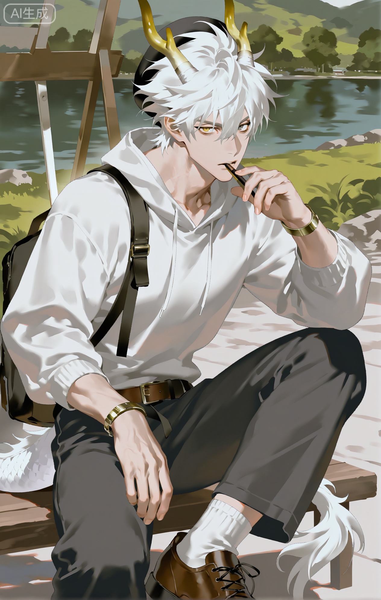 Small note art style,,xiaozhitiao,yu xuan,multicolored hair,White dragon tail,White dragon horns,yellow eyes,white hair,blonde hair,1boy,bangs
,socks,white socks

(artist:mazjojo:0.53),(artist:pigeon666:0.37),(artist:zawar379:0.57),(artist:remsrar:0.35),(artist:yoneyama mai:0.64),(yokoyari mengo:0.6),(colored pencil medium),(rei sanbonzakura),(flat color:1.2),masterpiece,best quality,highres,absurdres,extremely detailed,amazing quality,very aesthetic,ultra - detailed,scenery,depth of field,volumetric lighting,high definition,detailed eyes,detailed beautiful face and eyes,best aesthetic,good colors,bright skin,lots of details,1boy,male focus,artistic look,fair skin,slender build,Anime style,(concentrated expression:1.3),(sketching a landscape in the park:1.2),(intense eyes),sitting on a bench in a park, a beautiful landscape of a lake and trees in front of him,(dynamic pose:holding a sketchbook on one knee, a pencil in hand),wearing a beige hoodie with a brown leather patch on the elbow, brown corduroy pants, brown leather shoes,a set of colored pencils in a pouch beside him,a beret on his head,a small easel set up nearby, intricate details,hoodie and corduroy - pants details,soft park lighting,cel - shading,anime key visual,ultra HD,8k,Phainon