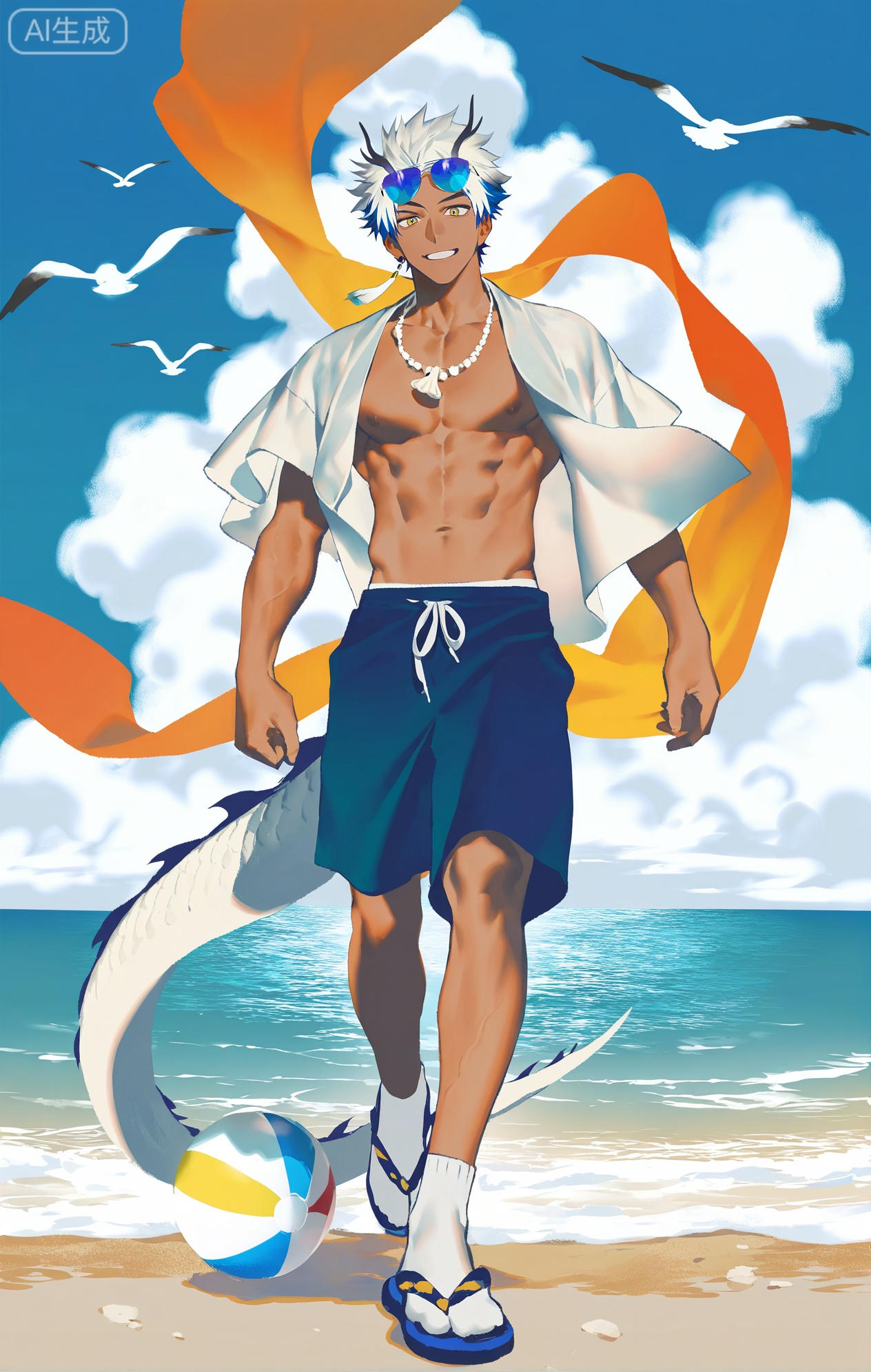 Small note art style,,xiaozhitiao,yu xuan,multicolored hair,White dragon tail,White dragon horns,yellow eyes,white hair,blonde hair,1boy,bangs
,socks,white socks

(artist:mazjojo:0.53),(artist:pigeon666:0.37),(artist:zawar379:0.57),(artist:remsrar:0.35),(artist:yoneyama mai:0.64),(yokoyari mengo:0.6),(colored pencil medium),(rei sanbonzakura),(flat color:1.2),masterpiece,best quality,highres,absurdres,extremely detailed,amazing quality,very aesthetic,ultra - detailed,scenery,depth of field,volumetric lighting,high definition,detailed eyes,detailed beautiful face and eyes,best aesthetic,good colors,bright skin,lots of details,1boy,male focus,carefree look,tan skin, muscular build,Anime style,(joyful expression:1.3),(walking on the beach:1.2),(smiling eyes),walking on a sandy beach with the ocean waves crashing nearby, seagulls flying overhead,(dynamic pose:strolling, looking out at the ocean, a beach ball in one hand),wearing a white short - sleeved linen shirt, a bright orange silk scarf fluttering in the wind, beige 工装裤,flip - flops,a shell - adorned necklace,a pair of blue - tinted sunglasses,a towel draped over his shoulder, intricate details,linen shirt and silk - scarf details,bright sunlight and ocean reflections,cel - shading,anime key visual,ultra HD,8k,Phainon