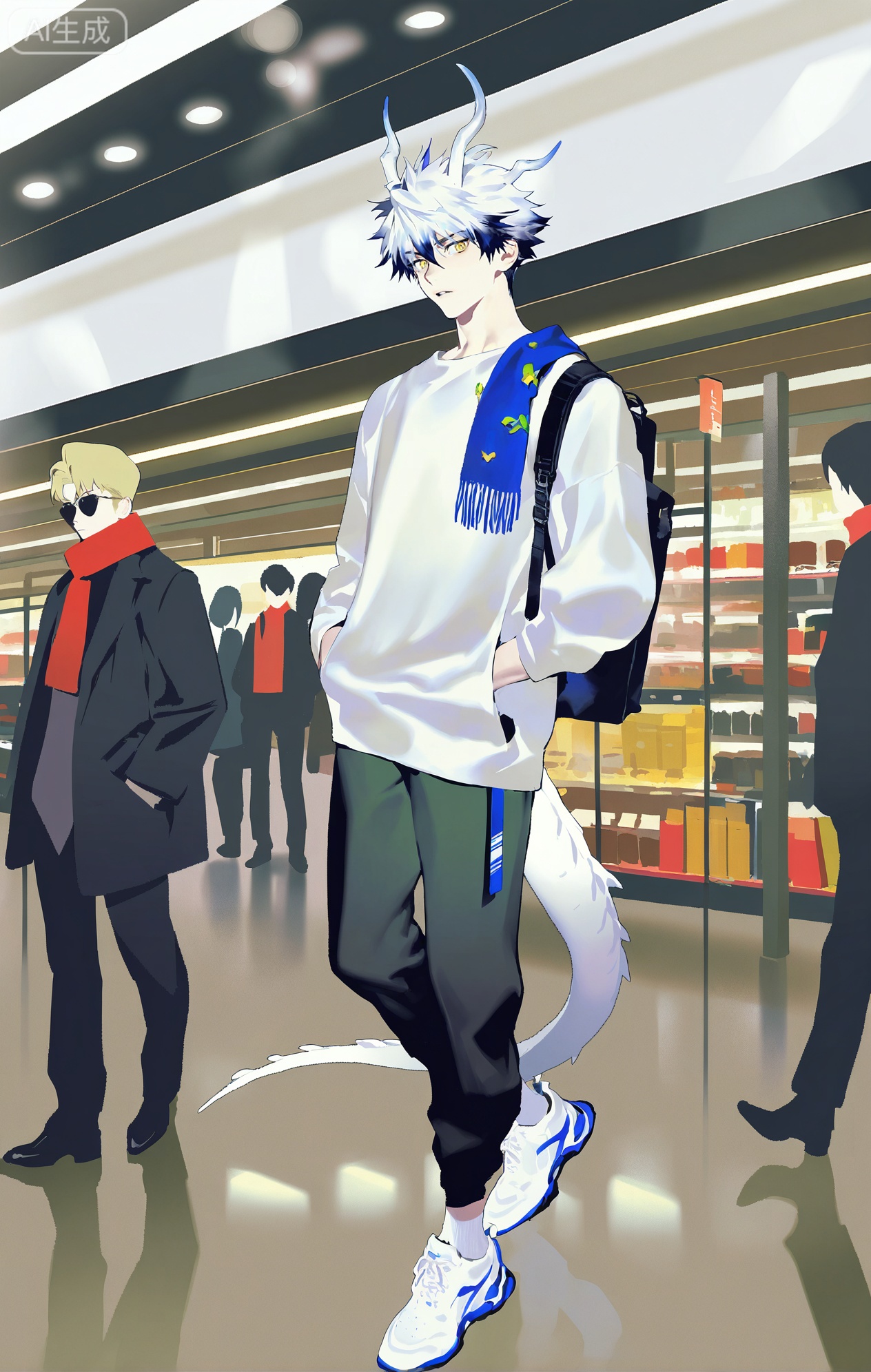 Small note art style,,xiaozhitiao,yu xuan,multicolored hair,White dragon tail,White dragon horns,yellow eyes,white hair,blonde hair,1boy,bangs
,socks,white socks

(artist:mazjojo:0.53),(artist:pigeon666:0.37),(artist:zawar379:0.57),(artist:remsrar:0.35),(artist:yoneyama mai:0.64),(yokoyari mengo:0.6),(colored pencil medium),(rei sanbonzakura),(flat color:1.2),masterpiece,best quality,highres,absurdres,extremely detailed,amazing quality,very aesthetic,ultra - detailed,scenery,depth of field,volumetric lighting,high definition,detailed eyes,detailed beautiful face and eyes,best aesthetic,good colors,bright skin,lots of details,1boy,male focus,casual look,smooth skin,athletic build,Anime style,(easy - going expression:1.3),(walking around the mall:1.2),(relaxed eyes),in a large, bustling mall, shops on both sides, people carrying shopping bags,(dynamic pose:strolling with hands in pockets, looking at store displays),wearing a black short - sleeved graphic tee with a colorful, pop - art design, a multicolored knitted scarf draped over one shoulder, dark blue 工装裤,white sneakers with black laces,a pair of sunglasses,a backpack with pins and patches,a mobile phone in his hand, intricate details,graphic tee and knitted - scarf details,bright mall lighting,cel - shading,anime key visual,ultra HD,8k,Phainon