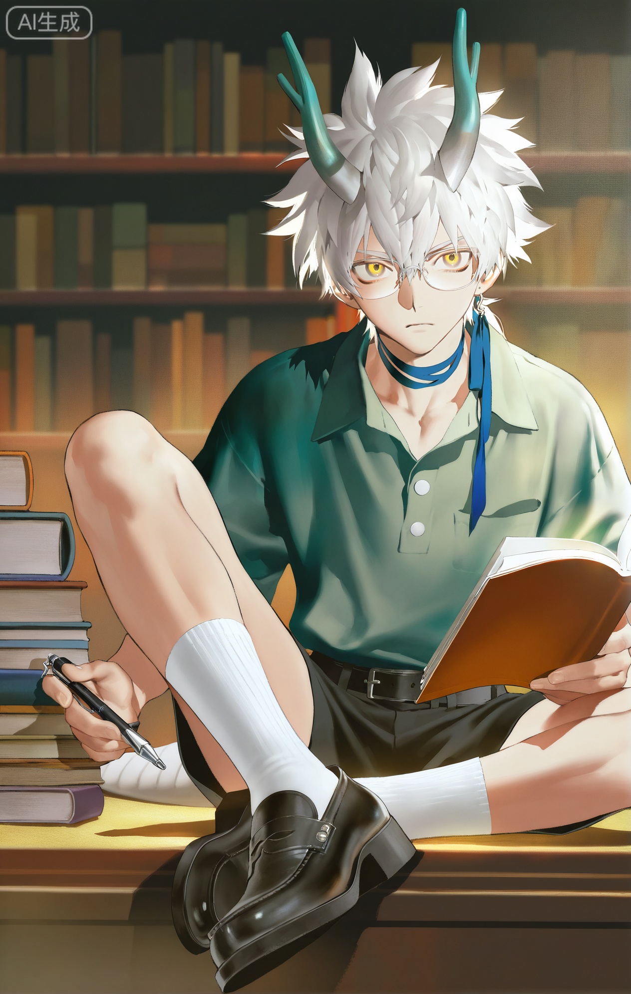 Small note art style,,xiaozhitiao,yu xuan,multicolored hair,White dragon tail,White dragon horns,yellow eyes,white hair,blonde hair,1boy,bangs
,socks,white socks

(artist:mazjojo:0.53),(artist:pigeon666:0.37),(artist:zawar379:0.57),(artist:remsrar:0.35),(artist:yoneyama mai:0.64),(yokoyari mengo:0.6),(colored pencil medium),(rei sanbonzakura),(flat color:1.2),masterpiece,best quality,highres,absurdres,extremely detailed,amazing quality,very aesthetic,ultra - detailed,scenery,depth of field,volumetric lighting,high definition,detailed eyes,detailed beautiful face and eyes,best aesthetic,good colors,bright skin,lots of details,1boy,male focus,studious look,rosy - cheeked skin, medium build,Anime style,(concentrated expression:1.3),(studying in the library:1.2),(intense eyes),sitting at a wooden table in a large, quiet library, bookshelves filled with books in the background,(dynamic pose:hunched over, a pen in hand, taking notes from an open book),wearing a pastel - green short - sleeved polo shirt, a sky - blue ribbon tied around one arm like a band, black 工装裤,white socks, black loafers,a pair of reading glasses,a stack of books and a notebook in front of him,a small pencil case on the table, intricate details,ribbon and polo - shirt details,soft library lighting with a hint of blue,cel - shading,anime key visual,ultra HD,8k,Phainon