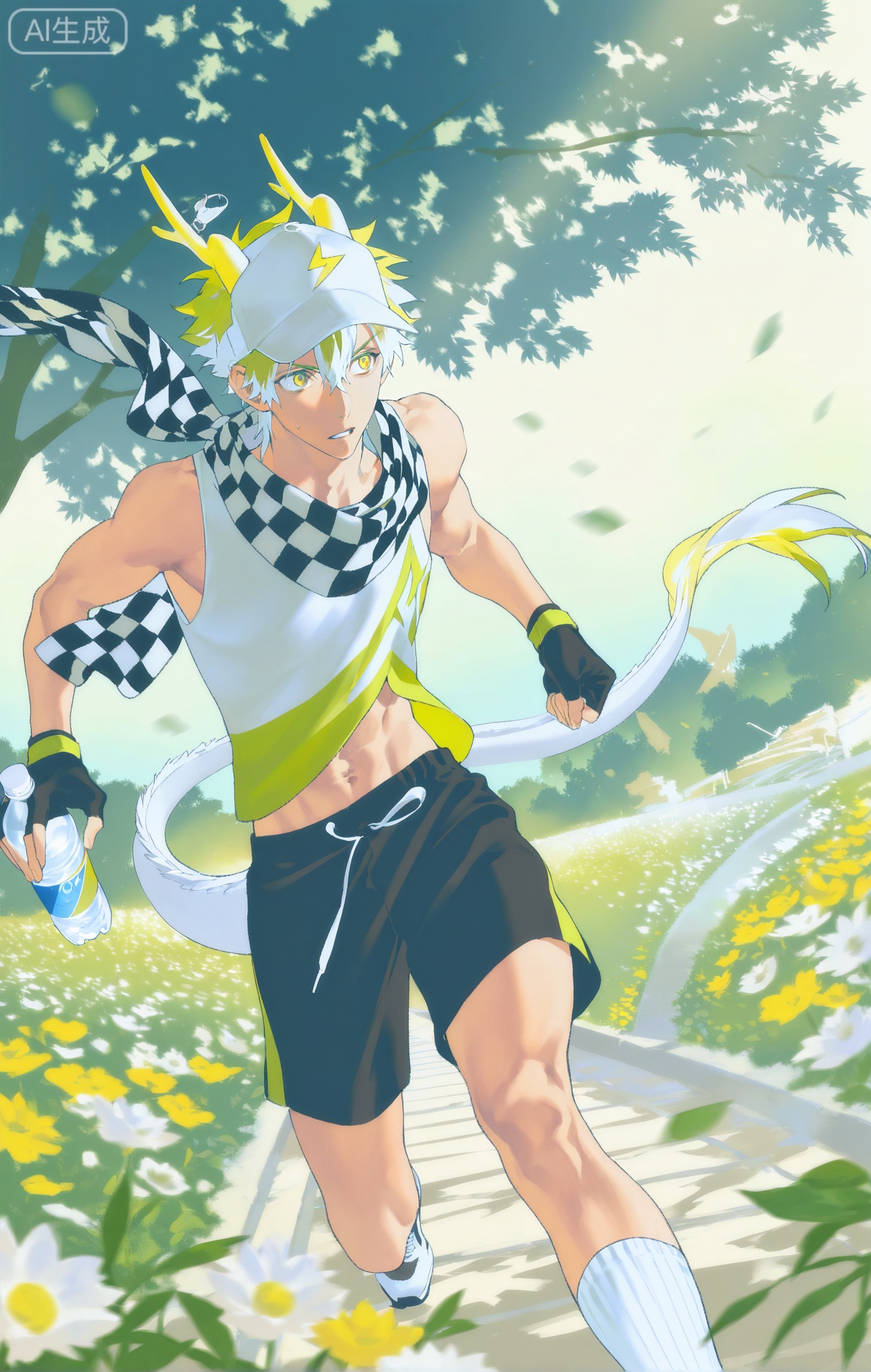 Small note art style,,xiaozhitiao,yu xuan,multicolored hair,White dragon tail,White dragon horns,yellow eyes,white hair,blonde hair,1boy,bangs
,socks,white socks

(artist:mazjojo:0.53),(artist:pigeon666:0.37),(artist:zawar379:0.57),(artist:remsrar:0.35),(artist:yoneyama mai:0.64),(yokoyari mengo:0.6),(colored pencil medium),(rei sanbonzakura),(flat color:1.2),masterpiece,best quality,highres,absurdres,extremely detailed,amazing quality,very aesthetic,ultra - detailed,scenery,depth of field,volumetric lighting,high definition,detailed eyes,detailed beautiful face and eyes,best aesthetic,good colors,bright skin,lots of details,1boy,male focus,energetic appearance,healthy - looking skin,athletic build,Anime style,(determined expression:1.3),(jogging in the park:1.2),(focused eyes),running along a tree - lined path in a park, with flower beds on either side and a small pond in the distance,(dynamic pose:mid - jog, arms pumping rhythmically),wearing a bright yellow short - sleeved tee, black and white checked scarf loosely tied around the neck, olive - green 工装裤with multiple pockets, white sneakers,a pair of blue fingerless gloves,a small water bottle clipped to the pants pocket,a sports cap with a lightning - bolt design, intricate details,checked scarf and pocket details,soft sunlight filtering through the trees,cel - shading,anime key visual,ultra HD,8k,Phainon