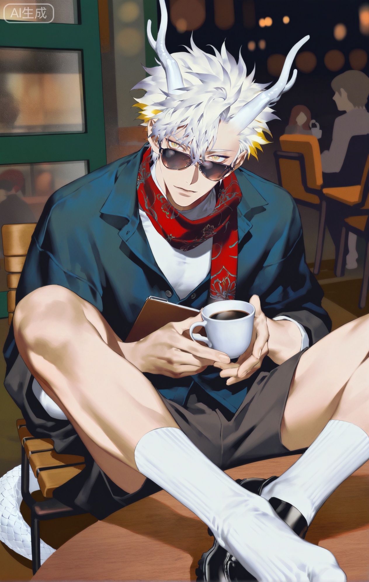 Small note art style,,xiaozhitiao,yu xuan,multicolored hair,White dragon tail,White dragon horns,yellow eyes,white hair,blonde hair,1boy,bangs
,socks,white socks

(artist:mazjojo:0.53),(artist:pigeon666:0.37),(artist:zawar379:0.57),(artist:remsrar:0.35),(artist:yoneyama mai:0.64),(yokoyari mengo:0.6),(colored pencil medium),(rei sanbonzakura),(flat color:1.2),masterpiece,best quality,highres,absurdres,extremely detailed,amazing quality,very aesthetic,ultra - detailed,scenery,depth of field,volumetric lighting,high definition,detailed eyes,detailed beautiful face and eyes,best aesthetic,good colors,bright skin,lots of details,1boy,male focus,laid - back demeanor,fair skin,slender build,Anime style,(relaxed expression:1.3),(sitting at a coffee shop:1.2),(content eyes),sitting at an outdoor table of a trendy coffee shop on a busy street, people passing by, a street artist performing nearby,(dynamic pose:leaning back in the chair, sipping coffee),wearing a light - blue short - sleeved button - down shirt, left unbuttoned to show a white undershirt, a bright red silk scarf tied in a loose bow around the neck, khaki 工装裤,brown leather loafers,a pair of sunglasses pushed onto his head,a book and a cup of coffee on the table,a small notepad and pen beside them, intricate details, silk scarf and shirt details,street - side lighting with a warm glow,cel - shading,anime key visual,ultra HD,8k,Phainon