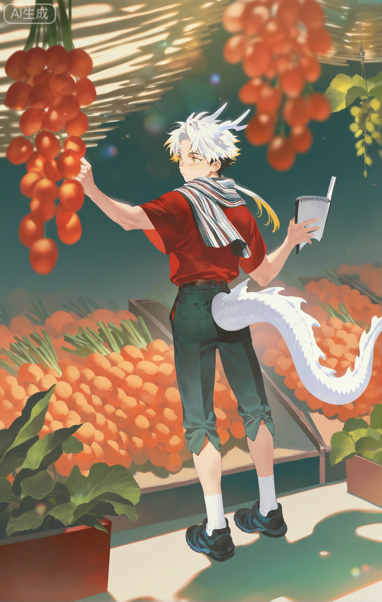Small note art style,,xiaozhitiao,yu xuan,multicolored hair,White dragon tail,White dragon horns,yellow eyes,white hair,blonde hair,1boy,bangs
,socks,white socks

(artist:mazjojo:0.53),(artist:pigeon666:0.37),(artist:zawar379:0.57),(artist:remsrar:0.35),(artist:yoneyama mai:0.64),(yokoyari mengo:0.6),(colored pencil medium),(rei sanbonzakura),(flat color:1.2),masterpiece,best quality,highres,absurdres,extremely detailed,amazing quality,very aesthetic,ultra - detailed,scenery,depth of field,volumetric lighting,high definition,detailed eyes,detailed beautiful face and eyes,best aesthetic,good colors,bright skin,lots of details,1boy,male focus,practical look,ruddy - cheeked skin, medium build,Anime style,(thoughtful expression:1.3),(picking out vegetables at the market:1.2),(attentive eyes),in a bustling 菜市场,stalls filled with various fruits, vegetables, and groceries,(dynamic pose:bending over, examining a bunch of carrots),wearing a dark - green short - sleeved tee, a red and white striped scarf hanging from his pocket, black 工装裤,black sneakers,a canvas tote bag in his hand,a pair of reading glasses hanging from his neck,a small notebook to jot down prices, intricate details,striped scarf and tote - bag details,bright market lighting,cel - shading,anime key visual,ultra HD,8k,Phainon