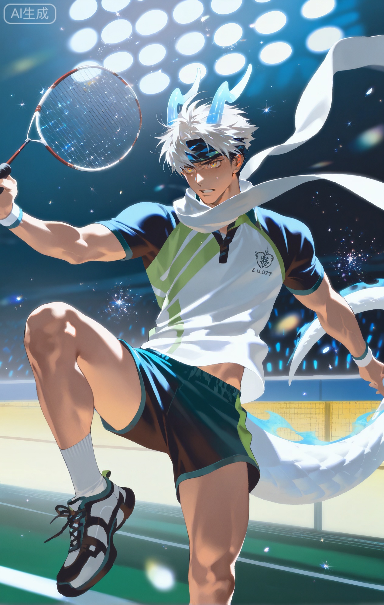 Small note art style,,xiaozhitiao,yu xuan,multicolored hair,White dragon tail,White dragon horns,yellow eyes,white hair,blonde hair,1boy,bangs
,socks,white socks

(artist:mazjojo:0.53),(artist:pigeon666:0.37),(artist:zawar379:0.57),(artist:remsrar:0.35),(artist:yoneyama mai:0.64),(yokoyari mengo:0.6),(colored pencil medium),(rei sanbonzakura),(flat color:1.2),masterpiece,best quality,highres,absurdres,extremely detailed,amazing quality,very aesthetic,ultra - detailed,scenery,depth of field,volumetric lighting,high definition,detailed eyes,detailed beautiful face and eyes,best aesthetic,good colors,bright skin,lots of details,1boy,male focus,energetic look,healthy - looking skin, athletic build,Anime style,(passionate expression:1.3),(playing badminton in the gym:1.2),(fiery eyes),in a well - lit 体育馆,badminton courts, other players on the court, spectators on the sidelines,(dynamic pose:lunging forward, hitting a shuttlecock),wearing a neon - green short - sleeved badminton shirt, a black and silver scarf tied around the head like a headband, black 工装裤with a neon - green stripe, white high - top sneakers,a badminton racket in hand,a water bottle on the bench nearby,a sports towel hanging from his waist, intricate details,neon - colored shirt and scarf details,bright gym lighting,cel - shading,anime key visual,ultra HD,8k,Phainon