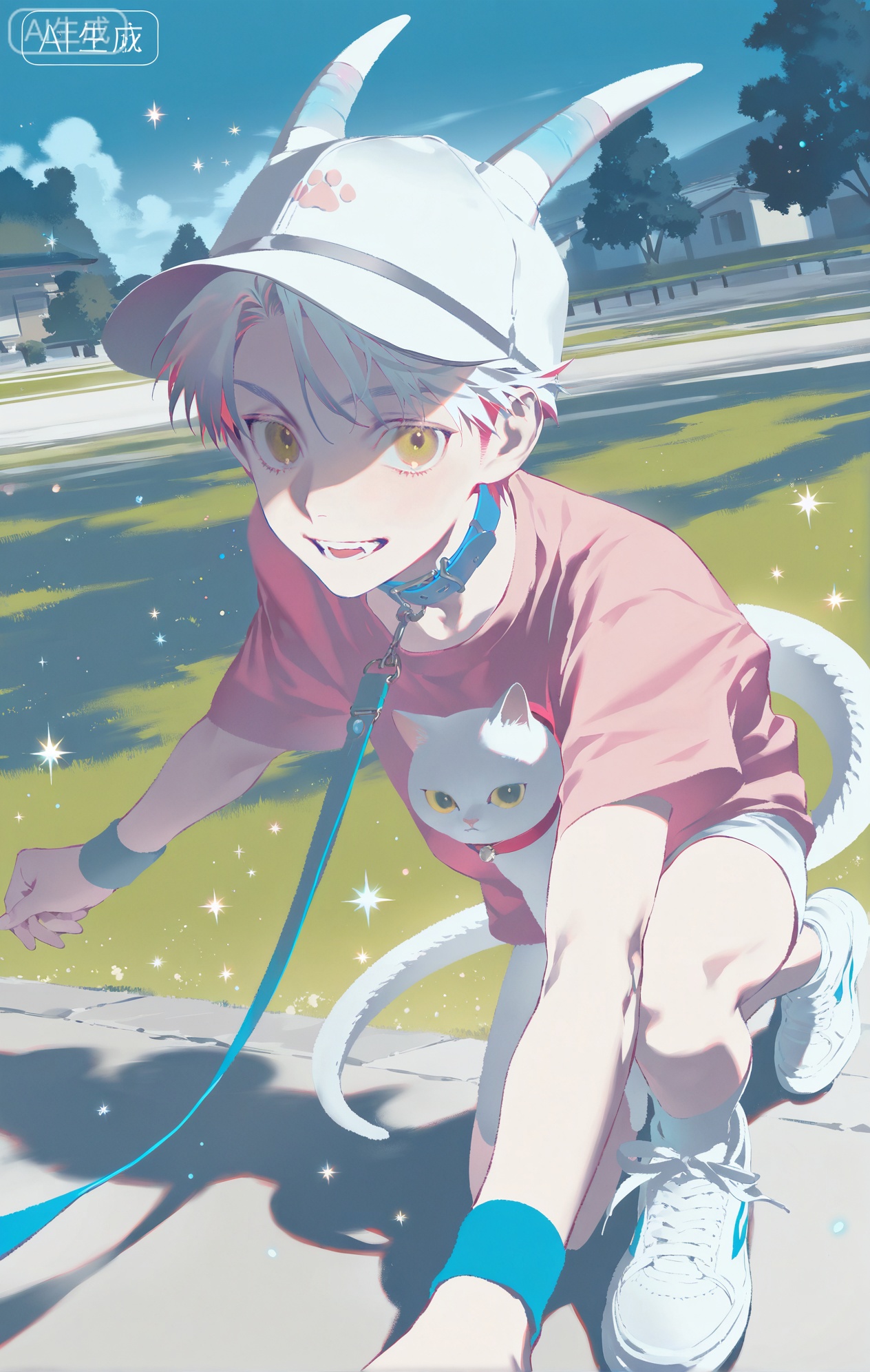 Small note art style,,xiaozhitiao,yu xuan,multicolored hair,White dragon tail,White dragon horns,yellow eyes,white hair,blonde hair,1boy,bangs
,socks,white socks

(artist:mazjojo:0.53),(artist:pigeon666:0.37),(artist:zawar379:0.57),(artist:remsrar:0.35),(artist:yoneyama mai:0.64),(yokoyari mengo:0.6),(colored pencil medium),(rei sanbonzakura),(flat color:1.2),masterpiece,best quality,highres,absurdres,extremely detailed,amazing quality,very aesthetic,ultra - detailed,scenery,depth of field,volumetric lighting,high definition,detailed eyes,detailed beautiful face and eyes,best aesthetic,good colors,bright skin,lots of details,1boy,male focus,affectionate look,freckled skin, medium build,Anime style,(loving expression:1.3),(walking a cat in the neighborhood:1.2),(soft eyes),in a quiet residential 小区,houses with gardens, trees lining the sidewalk,(dynamic pose:holding a cat leash, the cat exploring the grass),wearing a light - pink short - sleeved cotton shirt, a lavender - colored ribbon tied around his wrist, gray 工装裤,white sneakers,a small cat - treat pouch attached to his belt,a baseball cap with a cat - paw print,a pair of sunglasses, intricate details,ribbon and cotton - shirt details,soft neighborhood lighting,cel - shading,anime key visual,ultra HD,8k,Phainon