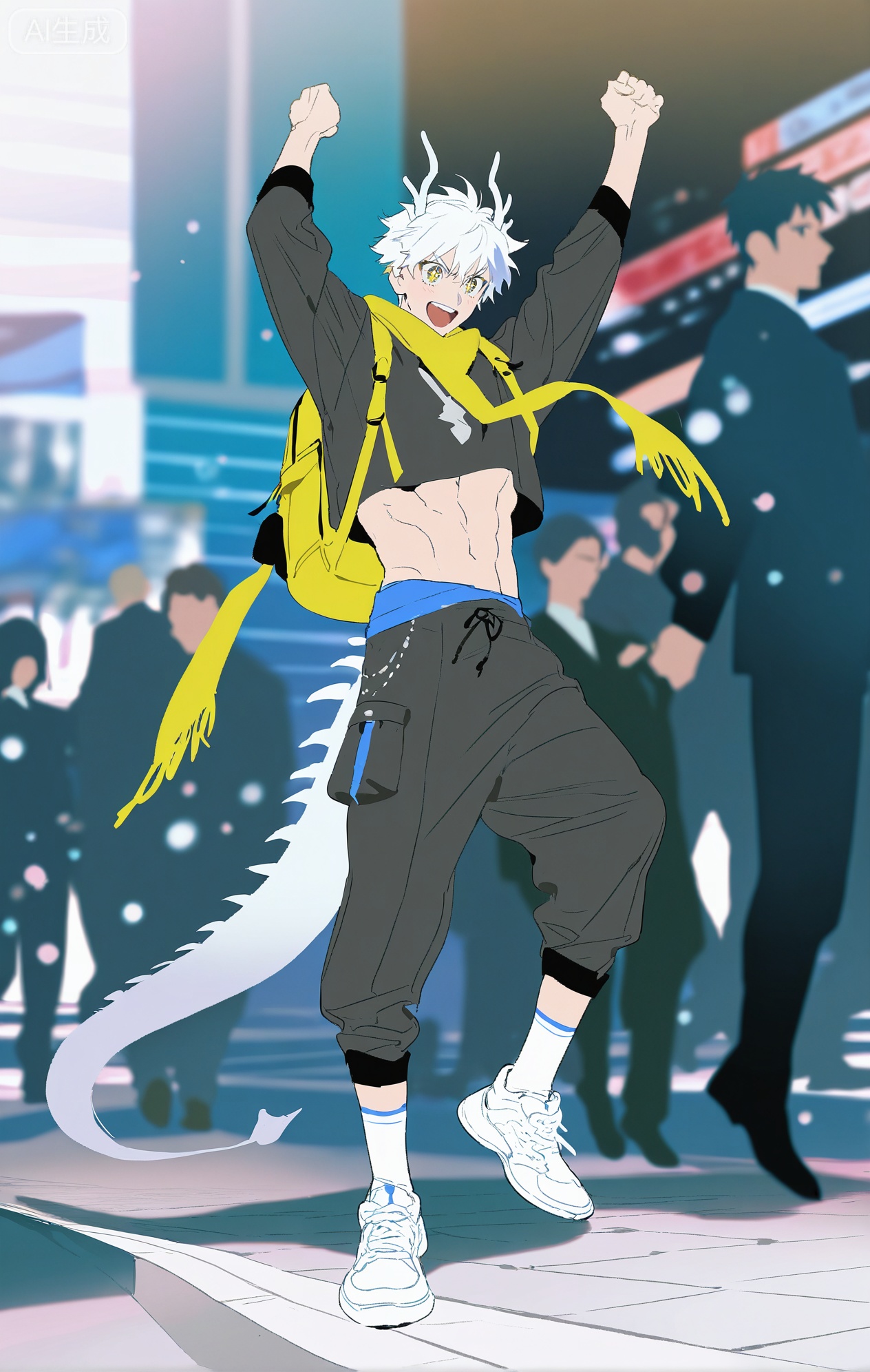 Small note art style,,xiaozhitiao,yu xuan,multicolored hair,White dragon tail,White dragon horns,yellow eyes,white hair,blonde hair,1boy,bangs
,socks,white socks

(artist:mazjojo:0.53),(artist:pigeon666:0.37),(artist:zawar379:0.57),(artist:remsrar:0.35),(artist:yoneyama mai:0.64),(yokoyari mengo:0.6),(colored pencil medium),(rei sanbonzakura),(flat color:1.2),masterpiece,best quality,highres,absurdres,extremely detailed,amazing quality,very aesthetic,ultra - detailed,scenery,depth of field,volumetric lighting,high definition,detailed eyes,detailed beautiful face and eyes,best aesthetic,good colors,bright skin,lots of details,1boy,male focus,excited look,rosy - cheeked skin, athletic build,Anime style,(thrilled expression:1.3),(watching a street band performance:1.2),(sparkling eyes),standing on the sidewalk of a busy street, a street band playing on a small stage, a large crowd gathered,(dynamic pose:standing with hands in the air, cheering),wearing a black short - sleeved band - merch tee, a multicolored, fringed scarf tied around his waist like a sash, blue 工装裤,white sneakers,a pair of sunglasses,a backpack with band pins,a can of soda in his hand, intricate details,fringed scarf and band - tee details,street - side lighting with stage - glow,cel - shading,anime key visual,ultra HD,8k,Phainon
