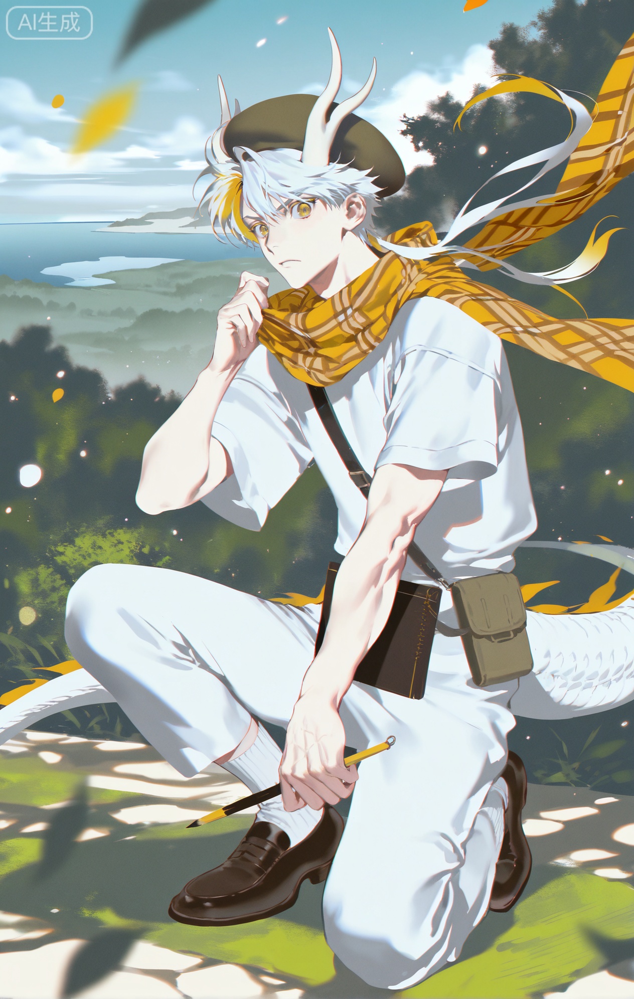 Small note art style,,xiaozhitiao,yu xuan,multicolored hair,White dragon tail,White dragon horns,yellow eyes,white hair,blonde hair,1boy,bangs
,socks,white socks

(artist:mazjojo:0.53),(artist:pigeon666:0.37),(artist:zawar379:0.57),(artist:remsrar:0.35),(artist:yoneyama mai:0.64),(yokoyari mengo:0.6),(colored pencil medium),(rei sanbonzakura),(flat color:1.2),masterpiece,best quality,highres,absurdres,extremely detailed,amazing quality,very aesthetic,ultra - detailed,scenery,depth of field,volumetric lighting,high definition,detailed eyes,detailed beautiful face and eyes,best aesthetic,good colors,bright skin,lots of details,1boy,male focus,artistic look,fair skin,slender build,Anime style,(concentrated expression:1.3),(sketching a landscape in the park:1.2),(intense eyes),sitting on a bench in a park, a beautiful landscape of a lake and trees in front of him,(dynamic pose:holding a sketchbook on one knee, a pencil in hand),wearing a pale blue short - sleeved smock, a yellow and brown checked scarf wrapped around his neck, brown 工装裤,brown leather shoes,a set of colored pencils in a pouch beside him,a beret on his head,a small easel set up nearby, intricate details,smock and checked - scarf details,soft park lighting,cel - shading,anime key visual,ultra HD,8k,Phainon