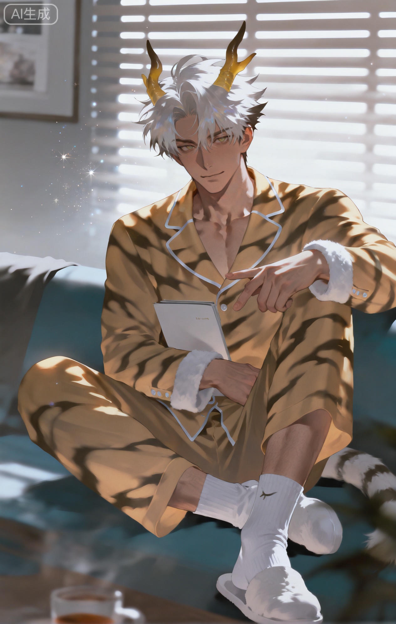 Small note art style,,xiaozhitiao,yu xuan,multicolored hair,White dragon tail,White dragon horns,yellow eyes,white hair,blonde hair,1boy,bangs
,socks,white socks

(artist:mazjojo:0.53),(artist:pigeon666:0.37),(artist:zawar379:0.57),(artist:remsrar:0.35),(artist:yoneyama mai:0.64),(yokoyari mengo:0.6),(colored pencil medium),(rei sanbonzakura),(flat color:1.2),masterpiece,best quality,highres,absurdres,extremely detailed,amazing quality,very aesthetic,ultra - detailed,scenery,depth of field,volumetric lighting,high definition,detailed eyes,detailed beautiful face and eyes,best aesthetic,good colors,bright skin,lots of details,1man,male focus,fatherly look,Anime style,(loving expression:1.3),(wearing yellow tiger - stripe pajamas:1.2),sitting on a couch, a child sitting beside him, they are looking at a photo album together, a family portrait on the wall behind them,(dynamic pose:pointing at a photo in the album),wearing matching yellow tiger - stripe pajamas #Yellow Tiger Stripe Pajamas, with black tiger stripes, a tiger - hood, and soft, fluffy cuffs,a pair of slippers,a cup of tea on the coffee table, intricate details,tiger - pajama details,soft family - room lighting,cel - shading,anime key visual,ultra HD,8k,Phainon