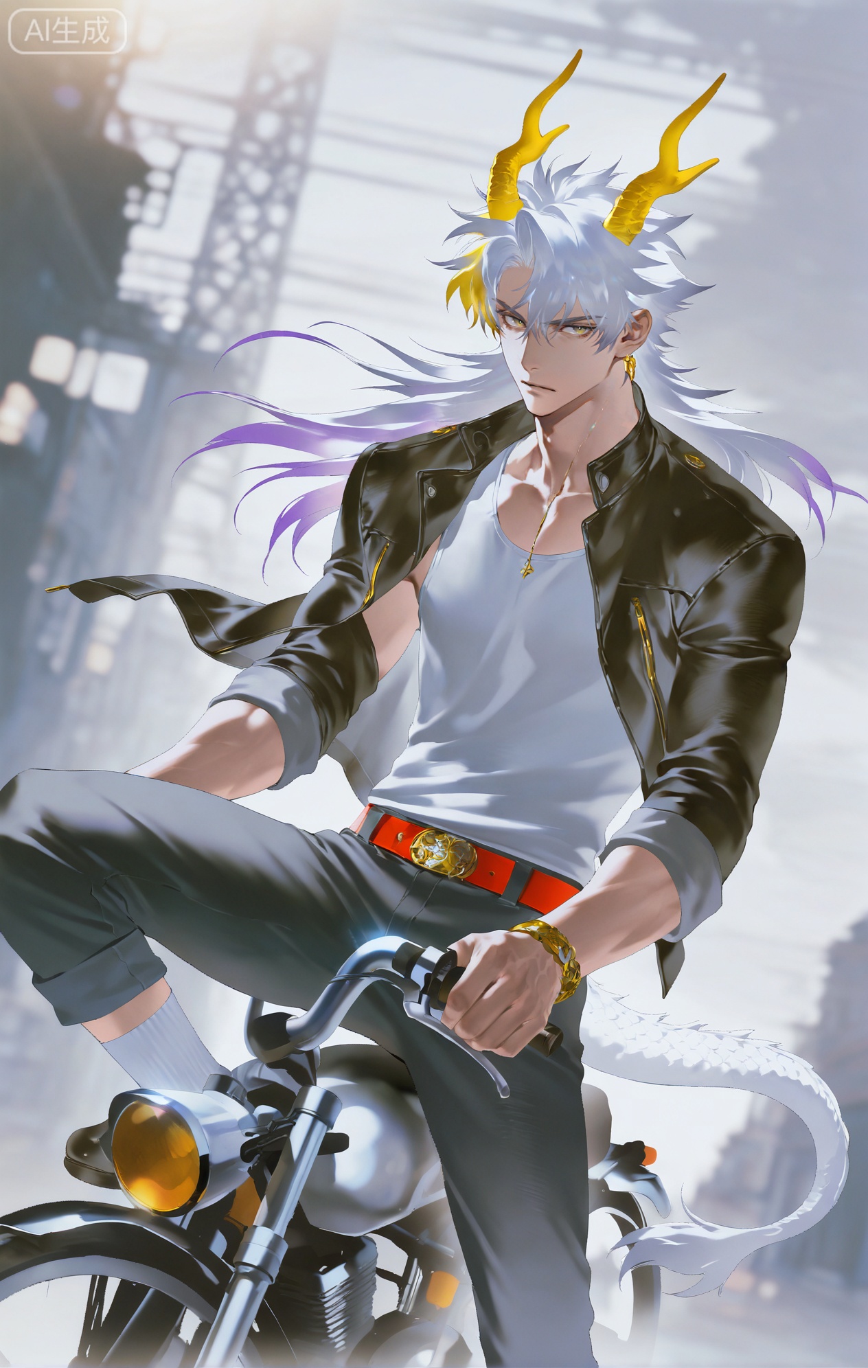 Small note art style,,xiaozhitiao,yu xuan,multicolored hair,White dragon tail,White dragon horns,yellow eyes,white hair,blonde hair,1boy,bangs
,socks,white socks

(artist:mazjojo:0.53),(artist:pigeon666:0.37),(artist:zawar379:0.57),(artist:remsrar:0.35),(artist:yoneyama mai:0.64),(yokoyari mengo:0.6),(colored pencil medium),(rei sanbonzakura),(flat color:1.2),masterpiece,best quality,highres,absurdres,extremely detailed,amazing quality,very aesthetic,ultra - detailed,scenery,depth of field,volumetric lighting,high definition,detailed eyes,detailed beautiful face and eyes,best aesthetic,good colors,bright skin,lots of details,1man,male focus,edgy look,Anime style,(intense expression:1.3),(wearing a red belt with gold rivets:1.2),riding a motorcycle on a winding road, mountains in the background, the wind blowing his hair,(dynamic pose:gripping the handlebars tightly),wearing a black leather biker jacket, a white **** top, and black denim pants,a red belt #Red Belt with large, bold gold rivets #Gold Rivets,a pair of black leather boots,a pair of aviator sunglasses, intricate details,belt and rivet details,bright sunlight,cel - shading,anime key visual,ultra HD,8k,Phainon