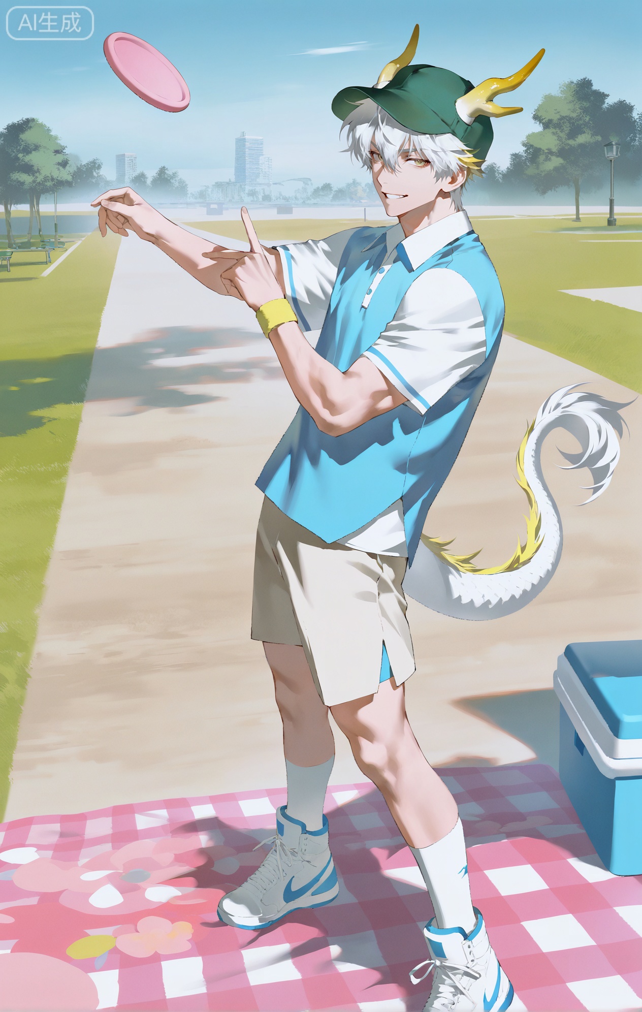 Small note art style,,xiaozhitiao,yu xuan,multicolored hair,White dragon tail,White dragon horns,yellow eyes,white hair,blonde hair,1boy,bangs
,socks,white socks

(artist:mazjojo:0.53),(artist:pigeon666:0.37),(artist:zawar379:0.57),(artist:remsrar:0.35),(artist:yoneyama mai:0.64),(yokoyari mengo:0.6),(colored pencil medium),(rei sanbonzakura),(flat color:1.2),masterpiece,best quality,highres,absurdres,extremely detailed,amazing quality,very aesthetic,ultra - detailed,scenery,depth of field,volumetric lighting,high definition,detailed eyes,detailed beautiful face and eyes,best aesthetic,good colors,bright skin,lots of details,1man,male focus,sunny look,Anime style,(smiling expression:1.3),(wearing a green hat with a pink flower:1.2),standing in a park, a group of friends playing frisbee nearby, a picnic blanket spread out on the grass,(dynamic pose:holding a frisbee, ready to throw),wearing a light - green short - sleeved polo shirt, khaki shorts, and white sneakers,a green hat #Green Hat with a large, silk pink flower #Pink Flower on the side,a pair of sunglasses,a small cooler filled with drinks beside the picnic blanket, intricate details,hat and flower details,soft park lighting,cel - shading,anime key visual,ultra HD,8k,Phainon