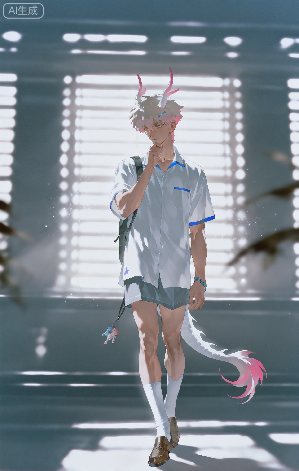 Small note art style,,xiaozhitiao,yu xuan,multicolored hair,White dragon tail,White dragon horns,yellow eyes,white hair,blonde hair,1boy,bangs
,socks,white socks

(artist:mazjojo:0.53),(artist:pigeon666:0.37),(artist:zawar379:0.57),(artist:remsrar:0.35),(artist:yoneyama mai:0.64),(yokoyari mengo:0.6),(colored pencil medium),(rei sanbonzakura),(flat color:1.2),masterpiece,best quality,highres,absurdres,extremely detailed,amazing quality,very aesthetic,ultra - detailed,scenery,depth of field,volumetric lighting,high definition,detailed eyes,detailed beautiful face and eyes,best aesthetic,good colors,bright skin,lots of details,1man,male focus,artistic look,Anime style,(thoughtful expression:1.3),(wearing a pink hair clip and colorful keychain:1.2),standing in an art gallery, looking at a painting, a notebook and pen in his hand,(dynamic pose:tilting his head, observing the painting),wearing a white linen shirt, a pair of beige slacks,a pink hair clip #Pink Hair Clip with an artistic - inspired design on his head,a colorful keychain #Colorful Keychain with small, artistic - themed charms hanging from his pocket,a pair of brown loafers, intricate details,clip and keychain details,soft gallery lighting,cel - shading,anime key visual,ultra HD,8k,Phainon