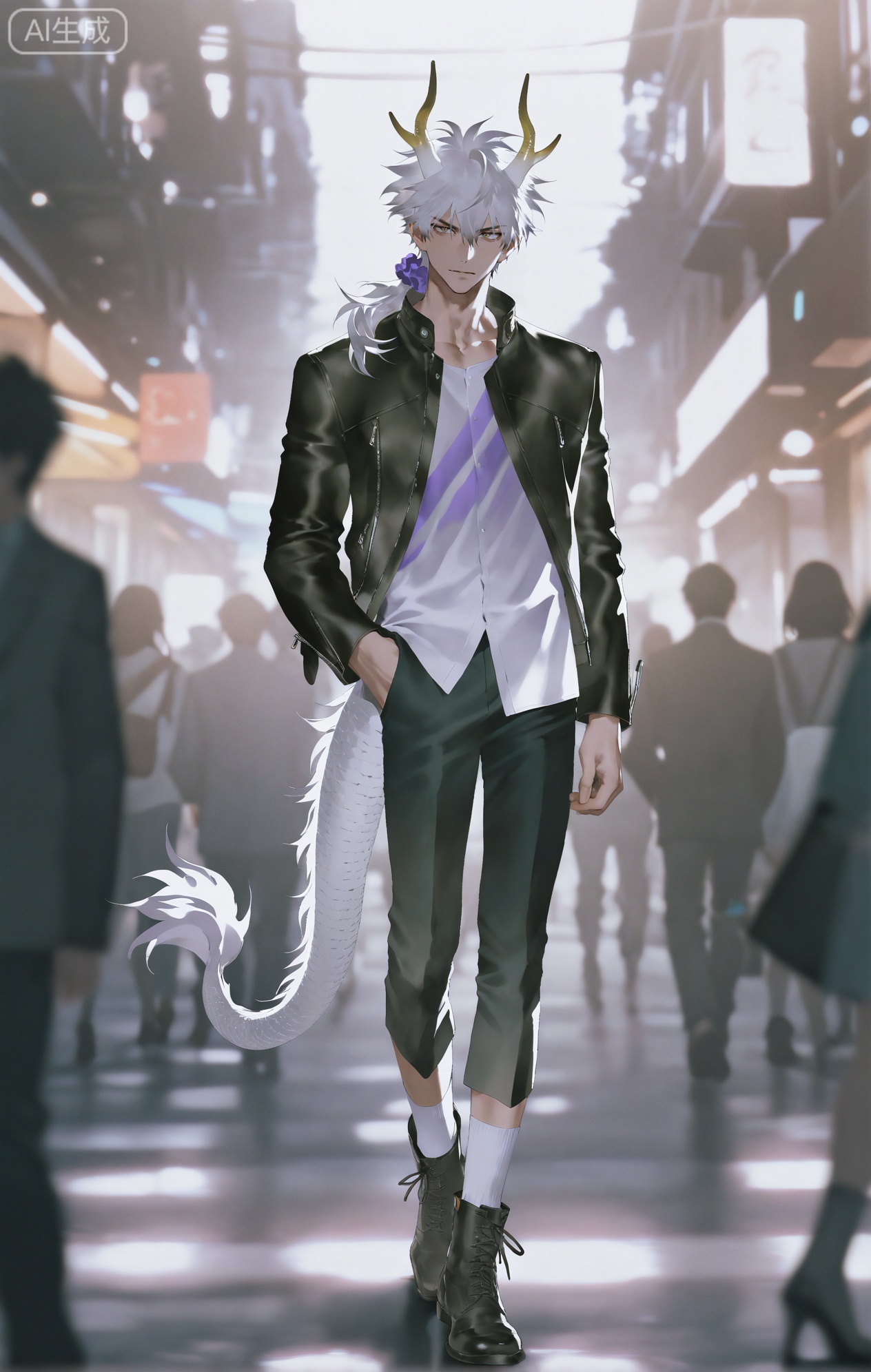 Small note art style,,xiaozhitiao,yu xuan,multicolored hair,White dragon tail,White dragon horns,yellow eyes,white hair,blonde hair,1boy,bangs
,socks,white socks

(artist:mazjojo:0.53),(artist:pigeon666:0.37),(artist:zawar379:0.57),(artist:remsrar:0.35),(artist:yoneyama mai:0.64),(yokoyari mengo:0.6),(colored pencil medium),(rei sanbonzakura),(flat color:1.2),masterpiece,best quality,highres,absurdres,extremely detailed,amazing quality,very aesthetic,ultra - detailed,scenery,depth of field,volumetric lighting,high definition,detailed eyes,detailed beautiful face and eyes,best aesthetic,good colors,bright skin,lots of details,1man,male focus,fashion - forward look,Anime style,(confident expression:1.3),(wearing a purple scrunchie with a silver bell:1.2),posing in front of a trendy store window, mannequins inside dressed in fashionable clothes, a group of people passing by looking at him,(dynamic pose:one hand in pocket, the other adjusting the scrunchie),wearing a black leather jacket, a black and white striped tee, and black skinny jeans,a purple scrunchie #Purple Scrunchie with a small, shiny silver bell #Silver Bell tied in his longish hair,a pair of black boots,a pair of sunglasses, intricate details,scrunchie and bell details,bright street - side lighting,cel - shading,anime key visual,ultra HD,8k,Phainon