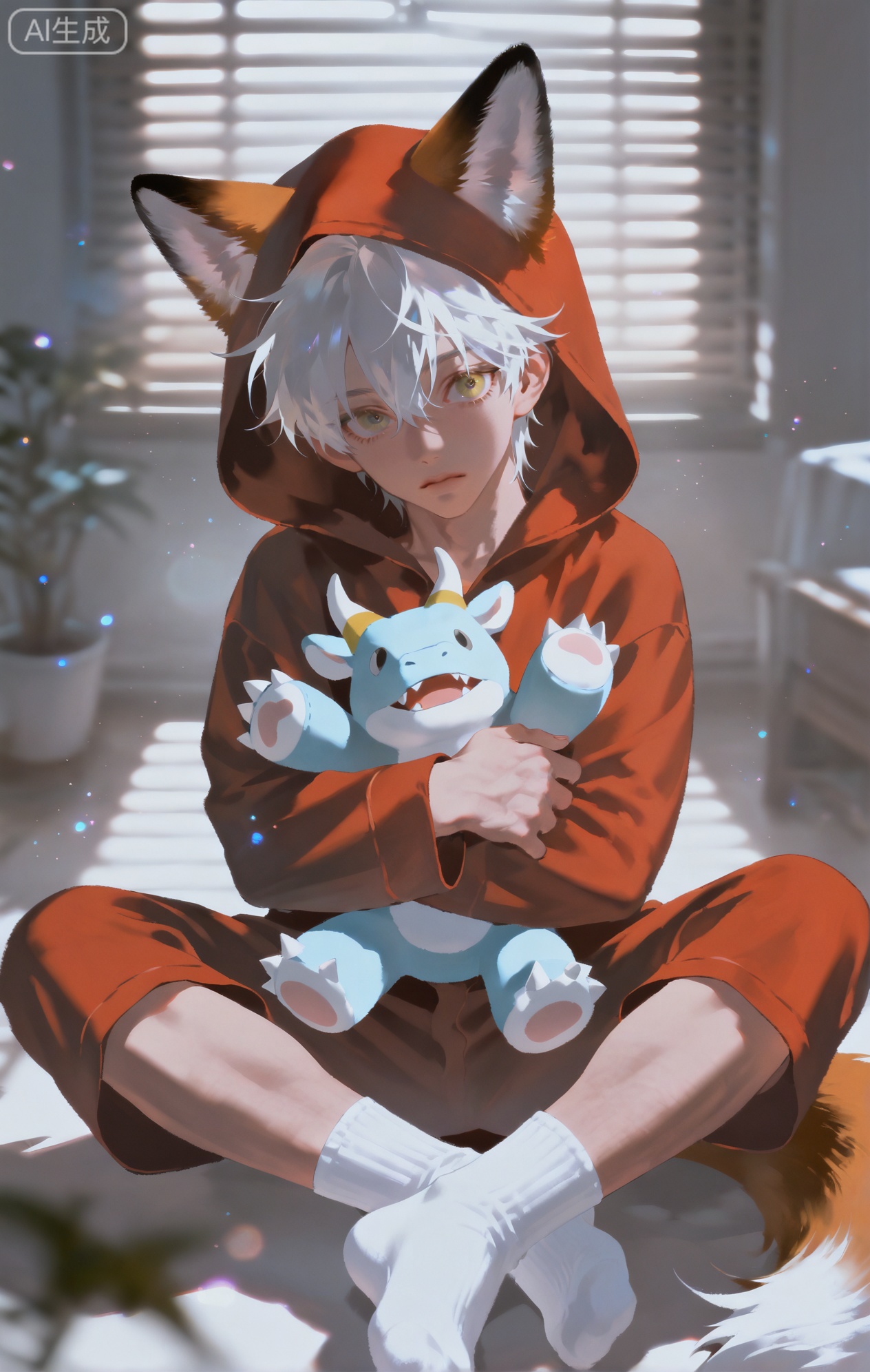 Small note art style,,xiaozhitiao,yu xuan,multicolored hair,White dragon tail,White dragon horns,yellow eyes,white hair,blonde hair,1boy,bangs
,socks,white socks

(artist:mazjojo:0.53),(artist:pigeon666:0.37),(artist:zawar379:0.57),(artist:remsrar:0.35),(artist:yoneyama mai:0.64),(yokoyari mengo:0.6),(colored pencil medium),(rei sanbonzakura),(flat color:1.2),masterpiece,best quality,highres,absurdres,extremely detailed,amazing quality,very aesthetic,ultra - detailed,scenery,depth of field,volumetric lighting,high definition,detailed eyes,detailed beautiful face and eyes,best aesthetic,good colors,bright skin,lots of details,1kid,child focus,adorable look,Anime style,(cute expression:1.3),(wearing red fox - hooded pajamas:1.2),sitting on a fluffy rug in a warm, cozy room, a night - light glowing in the corner,(dynamic pose:cross - legged, holding a small stuffed animal),wearing a full - body red fox - hooded pajamas #Red Fox Hooded Pajamas, with a bushy tail at the back and realistic - looking fox ears on the hood, white - tipped paws on the sleeves and feet,a pair of small pink slippers,a red and white striped blanket nearby, intricate details,fox - pajama details,soft room lighting,cel - shading,anime key visual,ultra HD,8k,Phainon