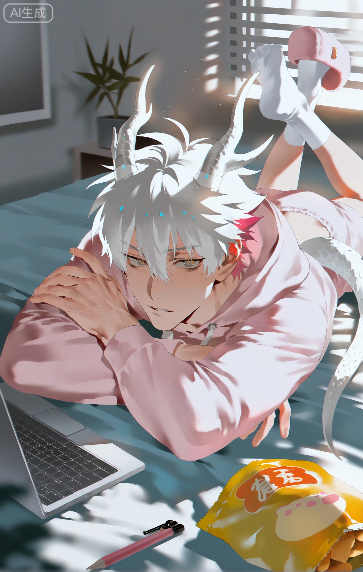 Small note art style,,xiaozhitiao,yu xuan,multicolored hair,White dragon tail,White dragon horns,yellow eyes,white hair,blonde hair,1boy,bangs
,socks,white socks

(artist:mazjojo:0.53),(artist:pigeon666:0.37),(artist:zawar379:0.57),(artist:remsrar:0.35),(artist:yoneyama mai:0.64),(yokoyari mengo:0.6),(colored pencil medium),(rei sanbonzakura),(flat color:1.2),masterpiece,best quality,highres,absurdres,extremely detailed,amazing quality,very aesthetic,ultra - detailed,scenery,depth of field,volumetric lighting,high definition,detailed eyes,detailed beautiful face and eyes,best aesthetic,good colors,bright skin,lots of details,1man,male focus,laid - back look,Anime style,(lazy expression:1.3),(wearing pink pig - hooded sleepwear:1.2),lying on a large, comfortable bed in a pastel - colored bedroom, a laptop open in front of him, a half - eaten bag of chips beside it,(dynamic pose:propped up on one elbow),wearing a long, flowing pink pig - hooded sleepwear #Pink Pig Hooded Sleepwear, with a round pig snout on the hood and rosy - colored cheeks, two small pig - tail decorations on the back, white - trimmed edges,a pair of white fluffy slippers,a soft blanket covering his legs, intricate details,pig - sleepwear details,soft, diffused bedroom lighting,cel - shading,anime key visual,ultra HD,8k
