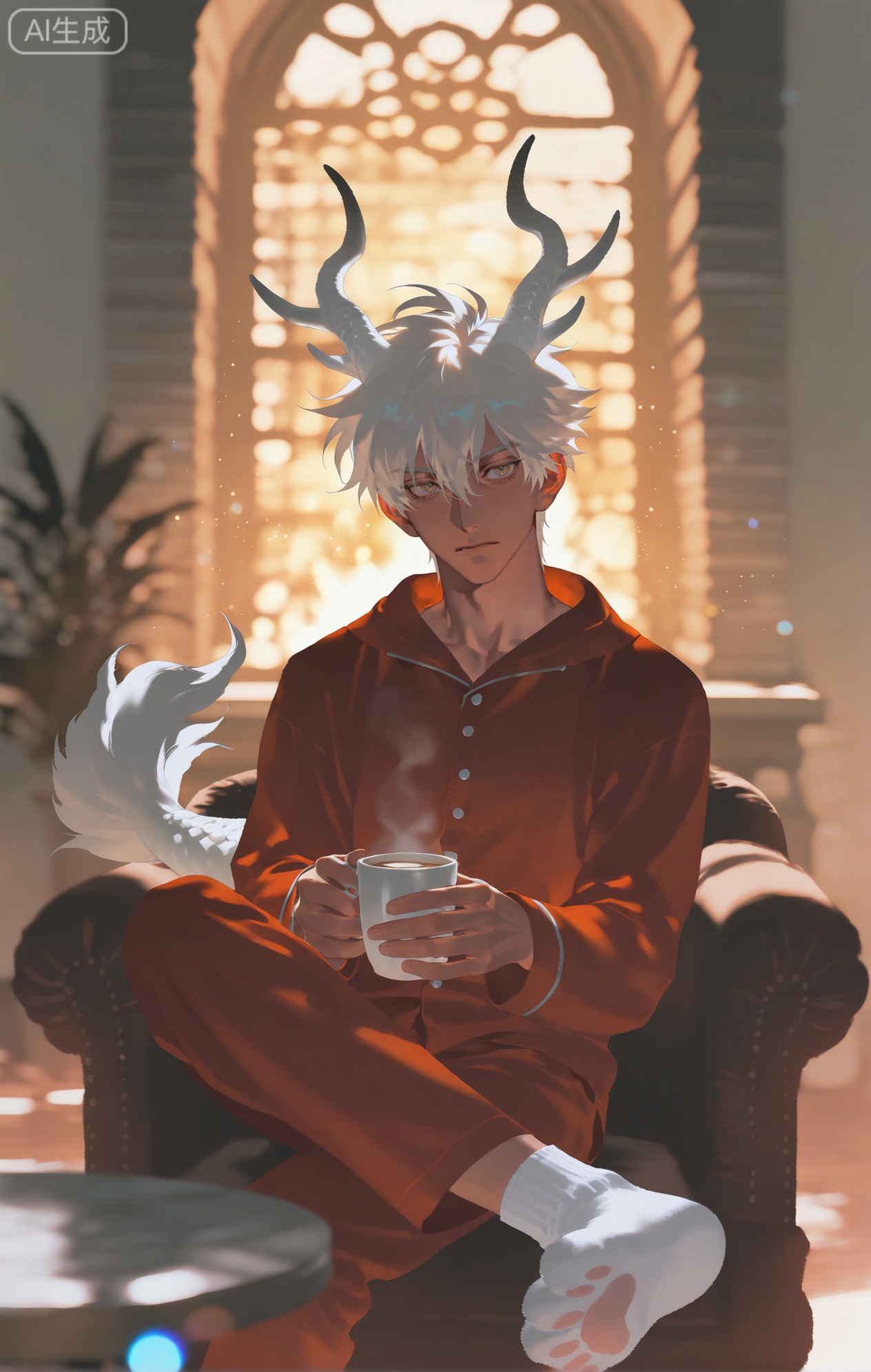 Small note art style,,xiaozhitiao,yu xuan,multicolored hair,White dragon tail,White dragon horns,yellow eyes,white hair,blonde hair,1boy,bangs
,socks,white socks

(artist:mazjojo:0.53),(artist:pigeon666:0.37),(artist:zawar379:0.57),(artist:remsrar:0.35),(artist:yoneyama mai:0.64),(yokoyari mengo:0.6),(colored pencil medium),(rei sanbonzakura),(flat color:1.2),masterpiece,best quality,highres,absurdres,extremely detailed,amazing quality,very aesthetic,ultra - detailed,scenery,depth of field,volumetric lighting,high definition,detailed eyes,detailed beautiful face and eyes,best aesthetic,good colors,bright skin,lots of details,1man,male focus,cozy and relaxed look,Anime style,(content expression:1.3),(wearing red fox - hooded pajamas:1.2),sitting on a plush armchair in a warmly lit living room, a fireplace crackling nearby, a book in his hand,(dynamic pose:leaning back, legs crossed),wearing a full - body red fox - hooded pajamas #Red Fox Hooded Pajamas, with a bushy tail at the back and realistic - looking fox ears on the hood, white - tipped paws on the sleeves and feet,a pair of red - trimmed slippers,a cup of hot cocoa on the side table, intricate details,fox - pajama details,soft, warm lighting from the fireplace,cel - shading,anime key visual,ultra HD,8k,Phainon