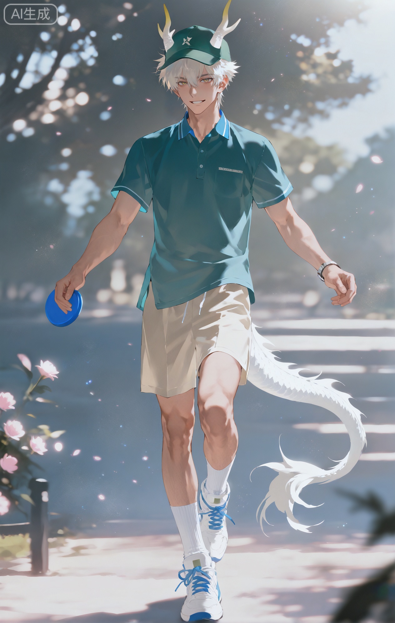 Small note art style,,xiaozhitiao,yu xuan,multicolored hair,White dragon tail,White dragon horns,yellow eyes,white hair,blonde hair,1boy,bangs
,socks,white socks

(artist:mazjojo:0.53),(artist:pigeon666:0.37),(artist:zawar379:0.57),(artist:remsrar:0.35),(artist:yoneyama mai:0.64),(yokoyari mengo:0.6),(colored pencil medium),(rei sanbonzakura),(flat color:1.2),masterpiece,best quality,highres,absurdres,extremely detailed,amazing quality,very aesthetic,ultra - detailed,scenery,depth of field,volumetric lighting,high definition,detailed eyes,detailed beautiful face and eyes,best aesthetic,good colors,bright skin,lots of details,1man,male focus,sunny look,Anime style,(smiling expression:1.3),(wearing a green hat with a pink flower:1.2),standing in a park, a group of friends playing frisbee nearby, a picnic blanket spread out on the grass,(dynamic pose:holding a frisbee, ready to throw),wearing a light - green short - sleeved polo shirt, khaki shorts, and white sneakers,a green hat #Green Hat with a large, silk pink flower #Pink Flower on the side,a pair of sunglasses,a small cooler filled with drinks beside the picnic blanket, intricate details,hat and flower details,soft park lighting,cel - shading,anime key visual,ultra HD,8k,Phainon