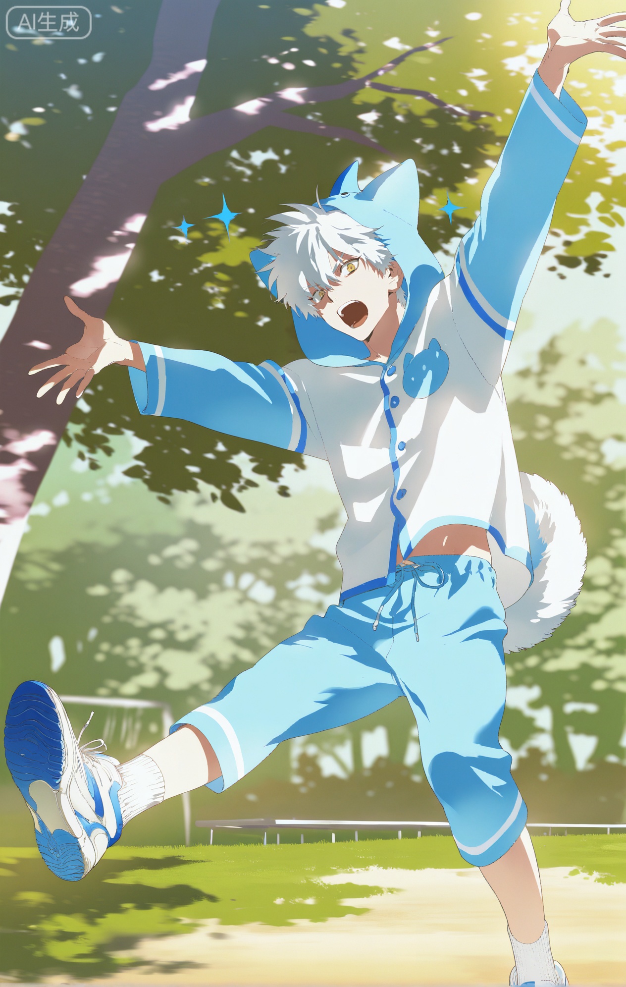 Small note art style,,xiaozhitiao,yu xuan,multicolored hair,White dragon tail,White dragon horns,yellow eyes,white hair,blonde hair,1boy,bangs
,socks,white socks

(artist:mazjojo:0.53),(artist:pigeon666:0.37),(artist:zawar379:0.57),(artist:remsrar:0.35),(artist:yoneyama mai:0.64),(yokoyari mengo:0.6),(colored pencil medium),(rei sanbonzakura),(flat color:1.2),masterpiece,best quality,highres,absurdres,extremely detailed,amazing quality,very aesthetic,ultra - detailed,scenery,depth of field,volumetric lighting,high definition,detailed eyes,detailed beautiful face and eyes,best aesthetic,good colors,bright skin,lots of details,1man,male focus,energetic look,Anime style,(enthusiastic expression:1.3),(wearing blue husky kids pajamas:1.2),jumping on a trampoline in a backyard, a treehouse in the background, the sun shining brightly,(dynamic pose:mid - jump, arms spread wide),wearing blue husky kids pajamas #Blue Husky Kids Pajamas, with a hood designed like a husky's head, blue - and - white fur - like patterns, and black - rimmed eyes,a pair of blue - and - white sneakers,a water bottle nearby, intricate details,husky - pajama details,bright sunlight,cel - shading,anime key visual,ultra HD,8k,Phainon