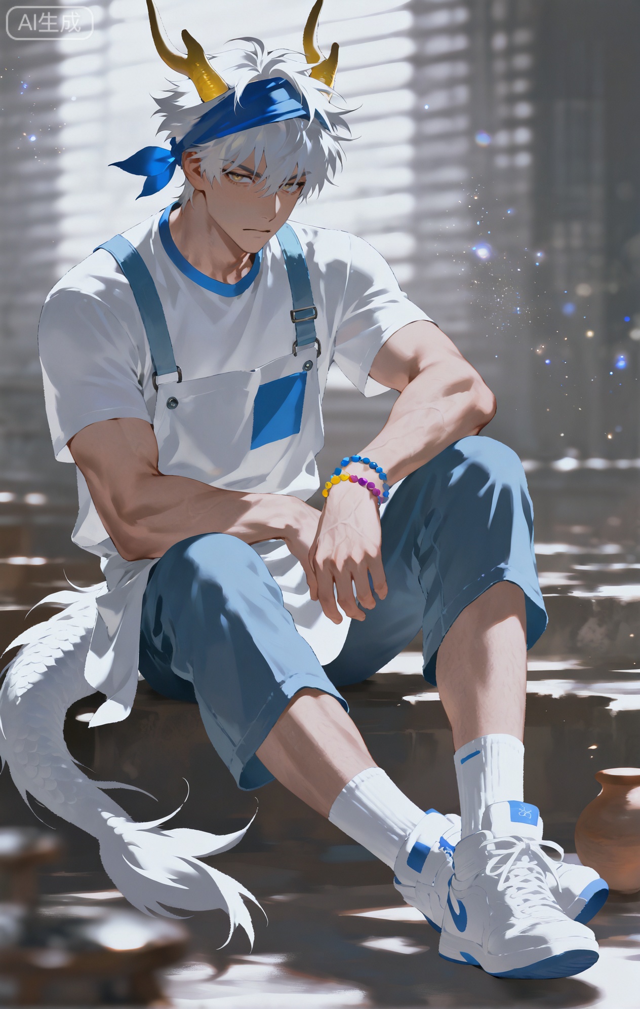 Small note art style,,xiaozhitiao,yu xuan,multicolored hair,White dragon tail,White dragon horns,yellow eyes,white hair,blonde hair,1boy,bangs
,socks,white socks

(artist:mazjojo:0.53),(artist:pigeon666:0.37),(artist:zawar379:0.57),(artist:remsrar:0.35),(artist:yoneyama mai:0.64),(yokoyari mengo:0.6),(colored pencil medium),(rei sanbonzakura),(flat color:1.2),masterpiece,best quality,highres,absurdres,extremely detailed,amazing quality,very aesthetic,ultra - detailed,scenery,depth of field,volumetric lighting,high definition,detailed eyes,detailed beautiful face and eyes,best aesthetic,good colors,bright skin,lots of details,1boy,male focus,crafty look,fair skin, medium build,Anime style,(concentrated expression:1.3),(working on a pottery piece:1.2),(intense eyes),sitting at a pottery wheel in a bright and airy 手工坊,pots and clay tools all around, a half - formed clay vessel on the wheel,(dynamic pose:hands covered in clay, shaping the clay),wearing a white short - sleeved apron with clay stains, blue jeans, white sneakers,a multicolored beaded bracelet on one wrist,a bandana tied around his head to keep hair away,a small bottle of water for moistening the clay nearby, intricate details,apron and clay - texture details,soft workshop lighting,cel - shading,anime key visual,ultra HD,8k,Phainon
