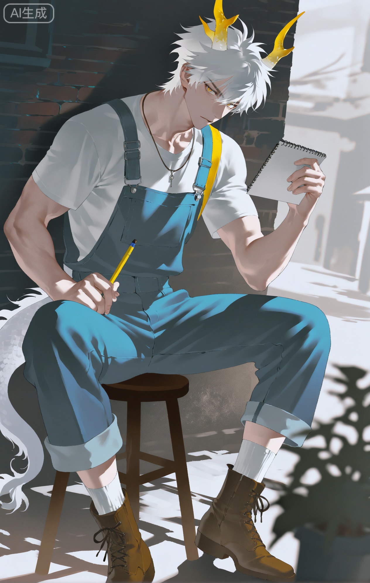 Small note art style,,xiaozhitiao,yu xuan,multicolored hair,White dragon tail,White dragon horns,yellow eyes,white hair,blonde hair,1boy,bangs
,socks,white socks

(artist:mazjojo:0.53),(artist:pigeon666:0.37),(artist:zawar379:0.57),(artist:remsrar:0.35),(artist:yoneyama mai:0.64),(yokoyari mengo:0.6),(colored pencil medium),(rei sanbonzakura),(flat color:1.2),masterpiece,best quality,highres,absurdres,extremely detailed,amazing quality,very aesthetic,ultra - detailed,scenery,depth of field,volumetric lighting,high definition,detailed eyes,detailed beautiful face and eyes,best aesthetic,good colors,bright skin,lots of details,1boy,male focus,artistic look,freckled skin,slender build,Anime style,(absorbed expression:1.3),(sketching in an old alley:1.2),(intense eyes),sitting on a small stool in a narrow, old alley with ancient brick walls, a bicycle leaning against one wall, potted plants here and there,(dynamic pose:holding a sketchbook, drawing with a charcoal pencil),wearing a mustard - yellow short - sleeved shirt, light - blue denim overalls, brown leather boots,a burgundy silk scarf tied around his neck,a wooden box of art supplies beside him,a beret on his head, intricate details,shirt and overalls details,soft, diffused light in the alley,cel - shading,anime key visual,ultra HD,8k,Phainon