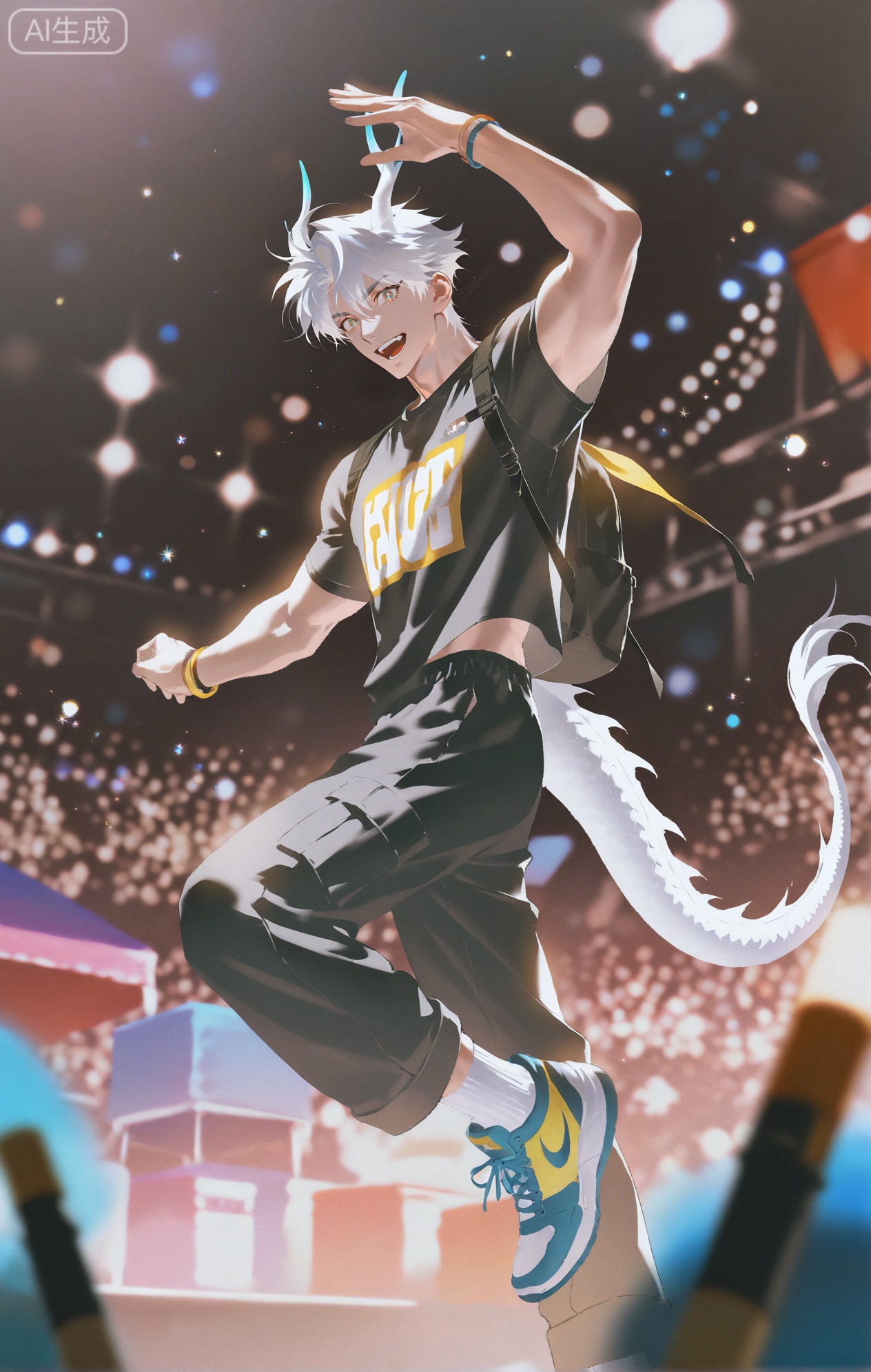 Small note art style,,xiaozhitiao,yu xuan,multicolored hair,White dragon tail,White dragon horns,yellow eyes,white hair,blonde hair,1boy,bangs
,socks,white socks

(artist:mazjojo:0.53),(artist:pigeon666:0.37),(artist:zawar379:0.57),(artist:remsrar:0.35),(artist:yoneyama mai:0.64),(yokoyari mengo:0.6),(colored pencil medium),(rei sanbonzakura),(flat color:1.2),masterpiece,best quality,highres,absurdres,extremely detailed,amazing quality,very aesthetic,ultra - detailed,scenery,depth of field,volumetric lighting,high definition,detailed eyes,detailed beautiful face and eyes,best aesthetic,good colors,bright skin,lots of details,1boy,male focus,energetic look,rosy - cheeked skin, athletic build,Anime style,(excited expression:1.3),(dancing at a music festival:1.2),(sparkling eyes),in the middle of a large, crowded 音乐节,a huge stage with a band performing, colorful lights flashing everywhere,(dynamic pose:jumping up and down, hands in the air),wearing a black short - sleeved band - inspired shirt with glow - in - the - dark prints, neon - colored cargo pants, black and neon - colored sneakers,a multicolored, fringed scarf tied around his waist,a pair of glow - sticks in his hands,a backpack with music - festival patches, intricate details,band - shirt and cargo - pants details,bright stage lighting and colored lights,cel - shading,anime key visual,ultra HD,8k,Phainon