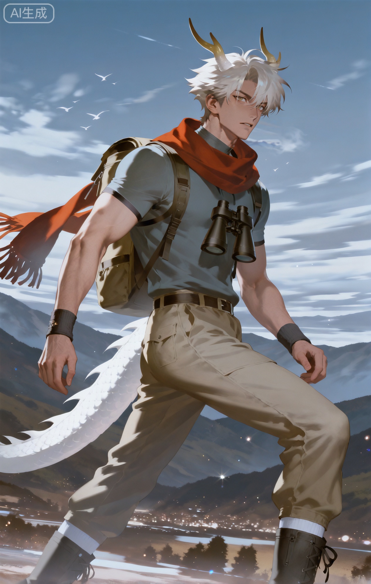 Small note art style,,xiaozhitiao,yu xuan,multicolored hair,White dragon tail,White dragon horns,yellow eyes,white hair,blonde hair,1boy,bangs
,socks,white socks

(artist:mazjojo:0.53),(artist:pigeon666:0.37),(artist:zawar379:0.57),(artist:remsrar:0.35),(artist:yoneyama mai:0.64),(yokoyari mengo:0.6),(colored pencil medium),(rei sanbonzakura),(flat color:1.2),masterpiece,best quality,highres,absurdres,extremely detailed,amazing quality,very aesthetic,ultra - detailed,scenery,depth of field,volumetric lighting,high definition,detailed eyes,detailed beautiful face and eyes,best aesthetic,good colors,bright skin,lots of details,1boy,male focus,anticipated look,tanned skin,athletic build,Anime style,(awed expression:1.3),(waiting for the sunrise on a mountaintop:1.2),(expectant eyes),standing on a mountaintop with a panoramic view of the valley below, the sky starting to lighten up with the first rays of dawn,(dynamic pose:standing with arms outstretched, facing the horizon),wearing a dark - green short - sleeved windbreaker, khaki cargo pants, brown hiking boots,a red woolen scarf wrapped around his neck,a backpack filled with hiking essentials,a pair of binoculars in his hand, intricate details,windbreaker and cargo - pants details,soft pre - dawn lighting,cel - shading,anime key visual,ultra HD,8k,Phainon