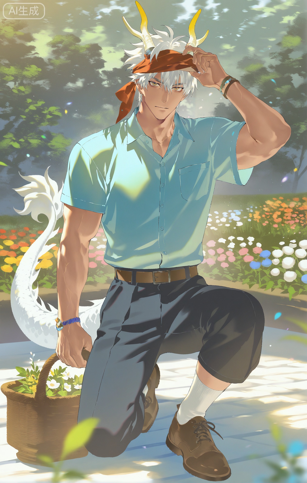 Small note art style,,xiaozhitiao,yu xuan,multicolored hair,White dragon tail,White dragon horns,yellow eyes,white hair,blonde hair,1boy,bangs
,socks,white socks

(artist:mazjojo:0.53),(artist:pigeon666:0.37),(artist:zawar379:0.57),(artist:remsrar:0.35),(artist:yoneyama mai:0.64),(yokoyari mengo:0.6),(colored pencil medium),(rei sanbonzakura),(flat color:1.2),masterpiece,best quality,highres,absurdres,extremely detailed,amazing quality,very aesthetic,ultra - detailed,scenery,depth of field,volumetric lighting,high definition,detailed eyes,detailed beautiful face and eyes,best aesthetic,good colors,bright skin,lots of details,1boy,male focus,hard - working look,ruddy - cheeked skin, muscular build,Anime style,(earnest expression:1.3),(gardening in a community garden:1.2),(focused eyes),kneeling in a community garden filled with colorful flowers and vegetables, a watering can in one hand, a trowel in the other,(dynamic pose:planting a small flower),wearing a light - green short - sleeved gardening shirt, dark green work pants with patches, brown leather gardening shoes,a red and white checked bandana around his neck,a gardening hat on his head,a small basket of flower seeds beside him, intricate details,garden - shirt and work - pants details,soft sunlight in the garden,cel - shading,anime key visual,ultra HD,8k,Phainon