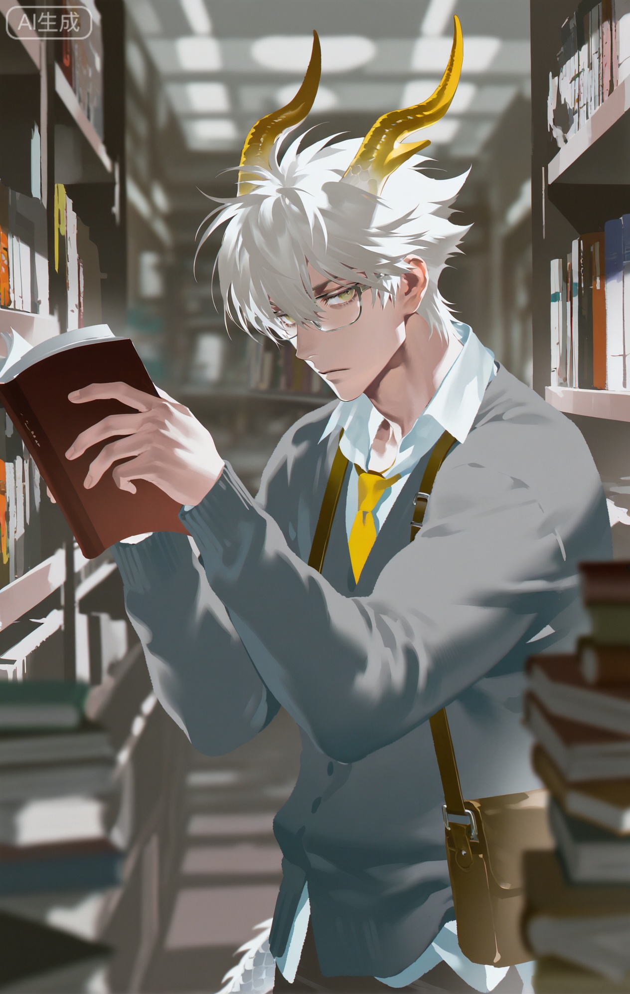 Small note art style,,xiaozhitiao,yu xuan,multicolored hair,White dragon tail,White dragon horns,yellow eyes,white hair,blonde hair,1boy,bangs
,socks,white socks

(artist:mazjojo:0.53),(artist:pigeon666:0.37),(artist:zawar379:0.57),(artist:remsrar:0.35),(artist:yoneyama mai:0.64),(yokoyari mengo:0.6),(colored pencil medium),(rei sanbonzakura),(flat color:1.2),masterpiece,best quality,highres,absurdres,extremely detailed,amazing quality,very aesthetic,ultra - detailed,scenery,depth of field,volumetric lighting,high definition,detailed eyes,detailed beautiful face and eyes,best aesthetic,good colors,bright skin,lots of details,1boy,male focus,thoughtful look,freckled skin,slender build,Anime style,(contemplative expression:1.3),(browsing books in a bookstore:1.2),(pensive eyes),standing in a large, cozy bookstore with tall bookshelves, a reading nook in the corner, other customers quietly looking for books,(dynamic pose:reaching for a book on a high shelf),wearing a light - gray short - sleeved cardigan over a white tee, black skinny jeans, black loafers,a yellow silk scarf loosely draped around his neck,a pair of reading glasses,a small bookmark in his hand, intricate details,cardigan and silk - scarf details,soft bookstore lighting,cel - shading,anime key visual,ultra HD,8k,Phainon