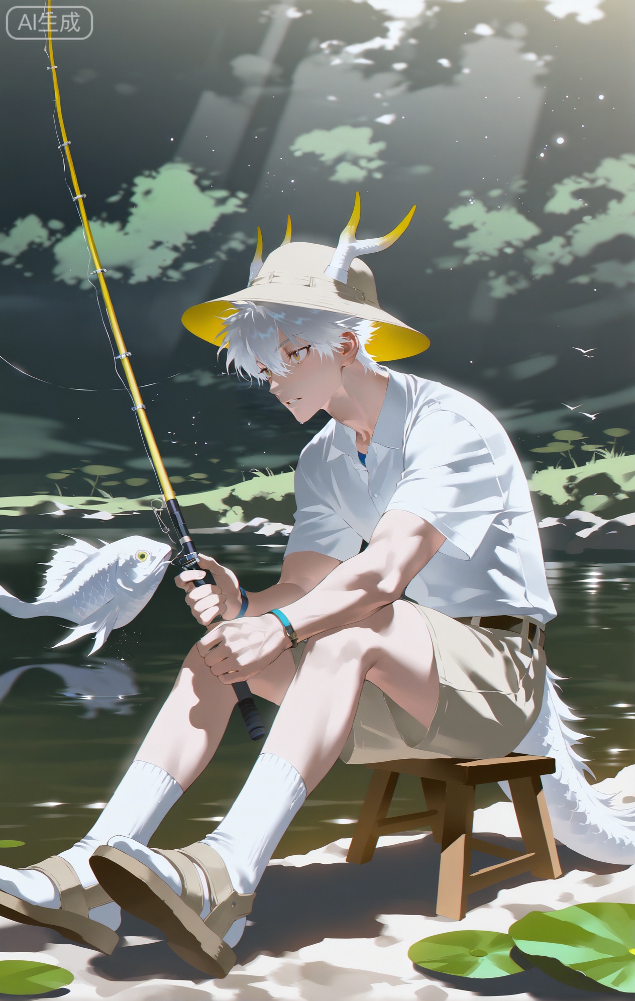 Small note art style,,xiaozhitiao,yu xuan,multicolored hair,White dragon tail,White dragon horns,yellow eyes,white hair,blonde hair,1boy,bangs
,socks,white socks

(artist:mazjojo:0.53),(artist:pigeon666:0.37),(artist:zawar379:0.57),(artist:remsrar:0.35),(artist:yoneyama mai:0.64),(yokoyari mengo:0.6),(colored pencil medium),(rei sanbonzakura),(flat color:1.2),masterpiece,best quality,highres,absurdres,extremely detailed,amazing quality,very aesthetic,ultra - detailed,scenery,depth of field,volumetric lighting,high definition,detailed eyes,detailed beautiful face and eyes,best aesthetic,good colors,bright skin,lots of details,1boy,male focus,patient look,fair skin,slender build,Anime style,(attentive expression:1.3),(fishing by the lake:1.2),(steady eyes),sitting on a small stool by a peaceful lake, a fishing rod in hand, a tackle box beside him, lily pads floating on the water,(dynamic pose:leaning forward slightly, watching the fishing line),wearing a light - blue short - sleeved fishing shirt with a fish - scale pattern, khaki shorts, brown leather sandals,a wide - brimmed fishing hat on his head, a pair of polarized sunglasses,a small cooler filled with bait and drinks nearby, intricate details,fish - scale shirt and tackle - box details,soft lake - side lighting,cel - shading,anime key visual,ultra HD,8k,Phainon