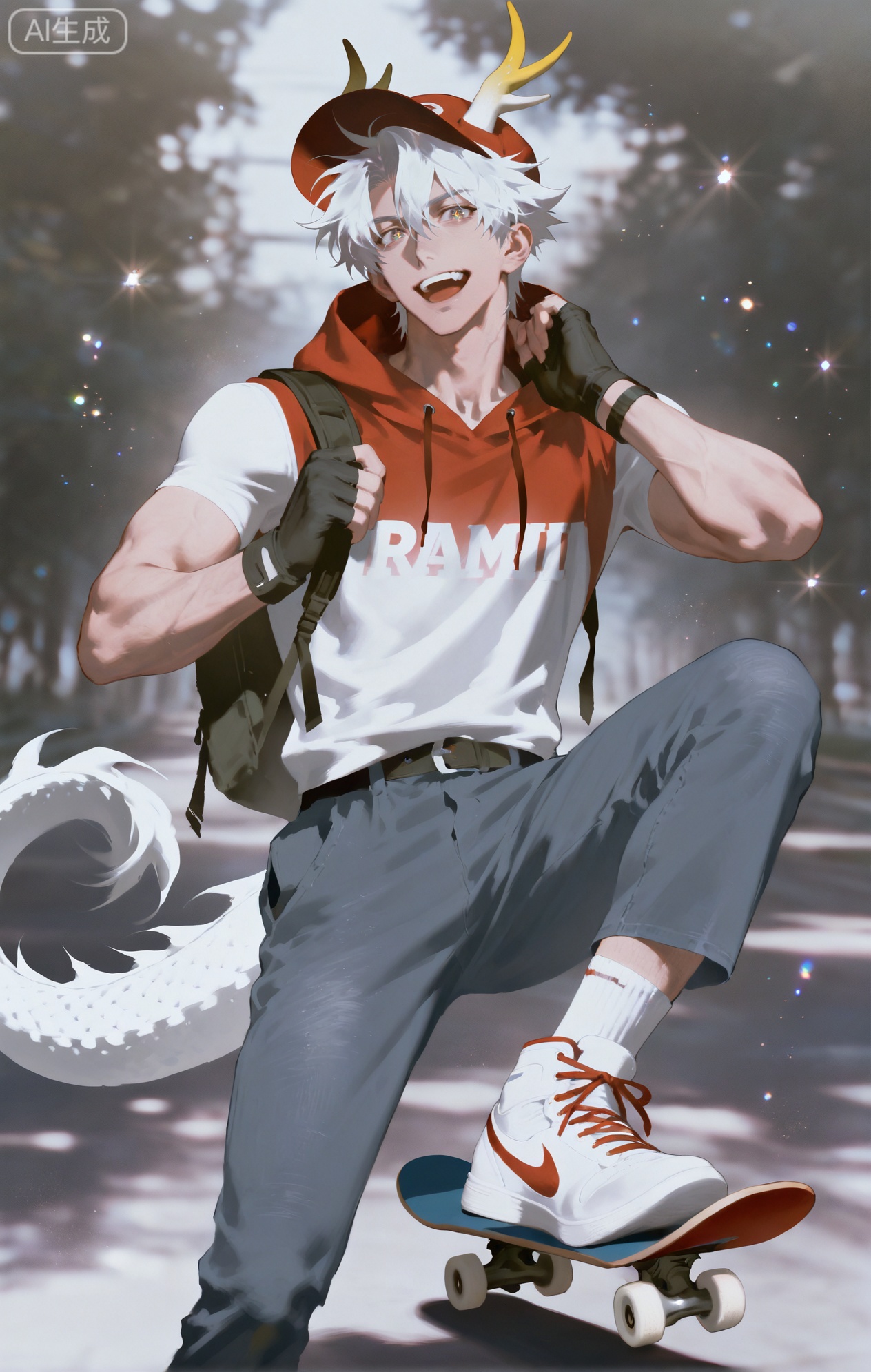 Small note art style,,xiaozhitiao,yu xuan,multicolored hair,White dragon tail,White dragon horns,yellow eyes,white hair,blonde hair,1boy,bangs
,socks,white socks

(artist:mazjojo:0.53),(artist:pigeon666:0.37),(artist:zawar379:0.57),(artist:remsrar:0.35),(artist:yoneyama mai:0.64),(yokoyari mengo:0.6),(colored pencil medium),(rei sanbonzakura),(flat color:1.2),masterpiece,best quality,highres,absurdres,extremely detailed,amazing quality,very aesthetic,ultra - detailed,scenery,depth of field,volumetric lighting,high definition,detailed eyes,detailed beautiful face and eyes,best aesthetic,good colors,bright skin,lots of details,1boy,male focus,energetic look,healthy - looking skin,athletic build,Anime style,(excited expression:1.3),(doing a kickflip on a skateboard:1.2),(sparkling eyes),in a park skate area with ramps and rails, green grass and trees in the background,(dynamic pose:mid - air, skateboard beneath his feet),wearing a red and black checker - patterned hoodie, black skinny jeans, white sneakers with red laces,a snapback hat with a skate brand logo,a backpack with skate tools attached,a pair of fingerless gloves for better grip, intricate details,checker - pattern and skate - gear details,bright sunlight,cel - shading,anime key visual,ultra