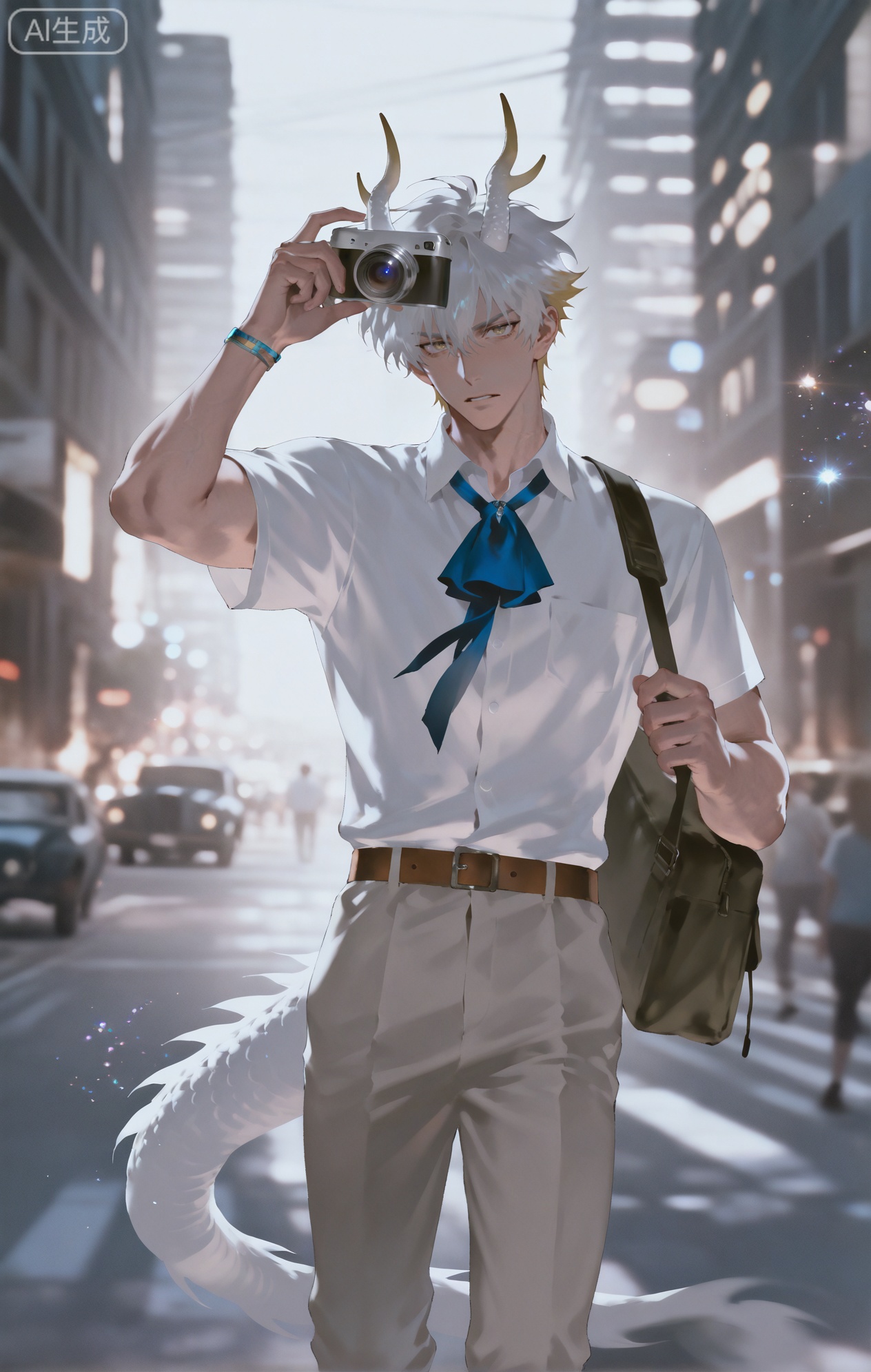 Small note art style,,xiaozhitiao,yu xuan,multicolored hair,White dragon tail,White dragon horns,yellow eyes,white hair,blonde hair,1boy,bangs
,socks,white socks

(artist:mazjojo:0.53),(artist:pigeon666:0.37),(artist:zawar379:0.57),(artist:remsrar:0.35),(artist:yoneyama mai:0.64),(yokoyari mengo:0.6),(colored pencil medium),(rei sanbonzakura),(flat color:1.2),masterpiece,best quality,highres,absurdres,extremely detailed,amazing quality,very aesthetic,ultra - detailed,scenery,depth of field,volumetric lighting,high definition,detailed eyes,detailed beautiful face and eyes,best aesthetic,good colors,bright skin,lots of details,1boy,male focus,passionate look,freckled skin,athletic build,Anime style,(intense expression:1.3),(taking pictures on the street:1.2),(focused eyes),standing on a busy city street with old - fashioned buildings, people walking by, a vintage car parked nearby,(dynamic pose:kneeling down, adjusting the camera lens),wearing a beige linen short - sleeved shirt, a navy - blue ascot tied neatly around his neck, light - brown corduroy pants, brown leather brogues,a professional - looking camera in his hands, a camera bag slung over one shoulder,a small notebook to jot down shooting ideas, intricate details,linen shirt and ascot details,soft street lighting,cel - shading,anime key visual,ultra HD,8k,Phainon