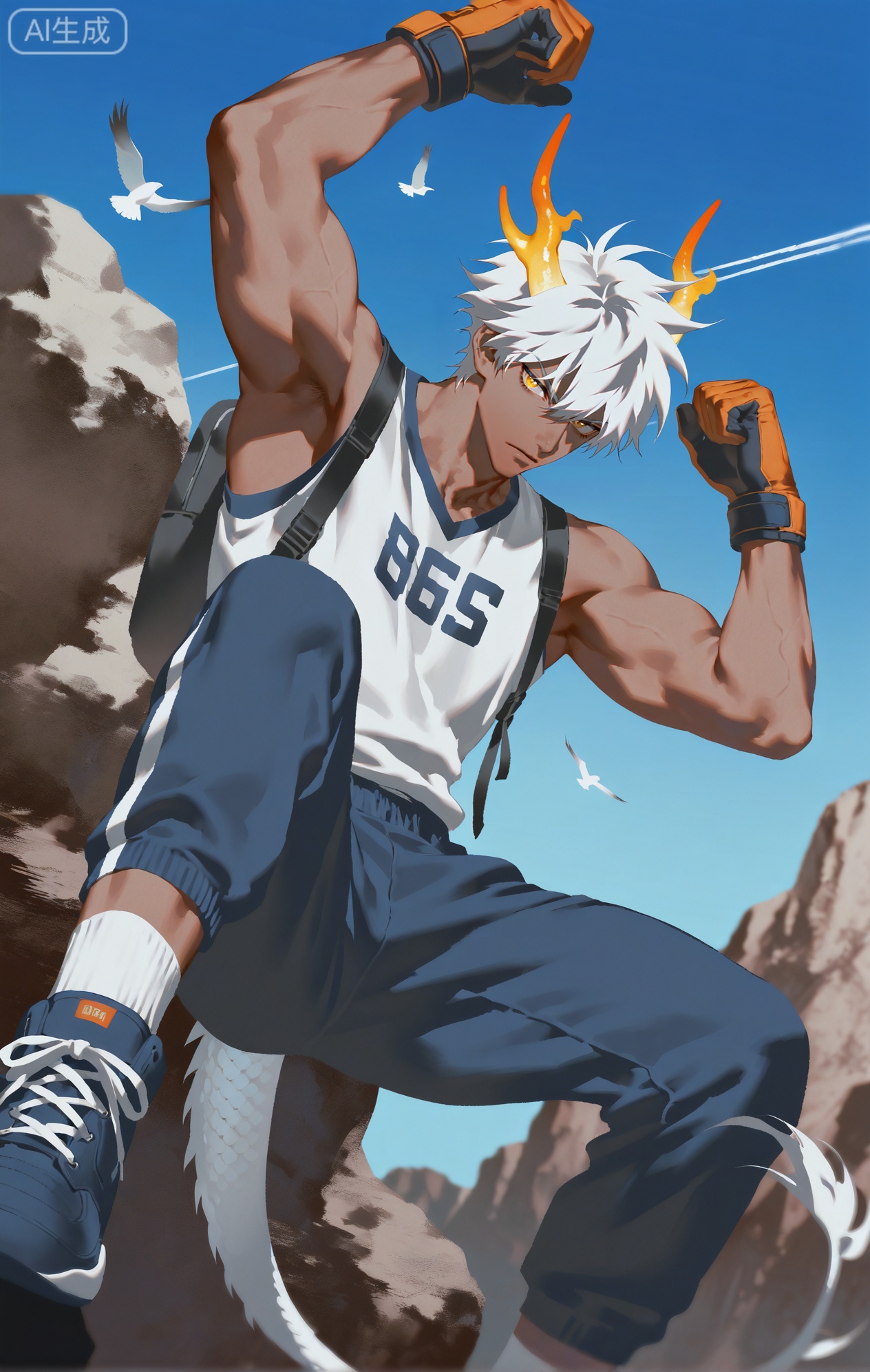 Small note art style,,xiaozhitiao,yu xuan,multicolored hair,White dragon tail,White dragon horns,yellow eyes,white hair,blonde hair,1boy,bangs
,socks,white socks

(artist:mazjojo:0.53),(artist:pigeon666:0.37),(artist:zawar379:0.57),(artist:remsrar:0.35),(artist:yoneyama mai:0.64),(yokoyari mengo:0.6),(colored pencil medium),(rei sanbonzakura),(flat color:1.2),masterpiece,best quality,highres,absurdres,extremely detailed,amazing quality,very aesthetic,ultra - detailed,scenery,depth of field,volumetric lighting,high definition,detailed eyes,detailed beautiful face and eyes,best aesthetic,good colors,bright skin,lots of details,1boy,male focus,adventurous look,tanned skin,muscular build,Anime style,(determined expression:1.3),(climbing a rock face:1.2),(fiery eyes),mid - climb on a large, rugged rock face with a clear blue sky in the background, a safety rope attached to his harness,(dynamic pose:reaching up with one hand, gripping a rock ledge),wearing a bright orange short - sleeved climbing shirt, black climbing pants with reinforced knees, black climbing shoes,a climbing helmet on his head, a pair of chalk - covered climbing gloves,a chalk bag hanging from his waist, intricate details,climbing gear and rock - texture details,bright sunlight,cel - shading,anime key visual,ultra HD,8k,Phainon