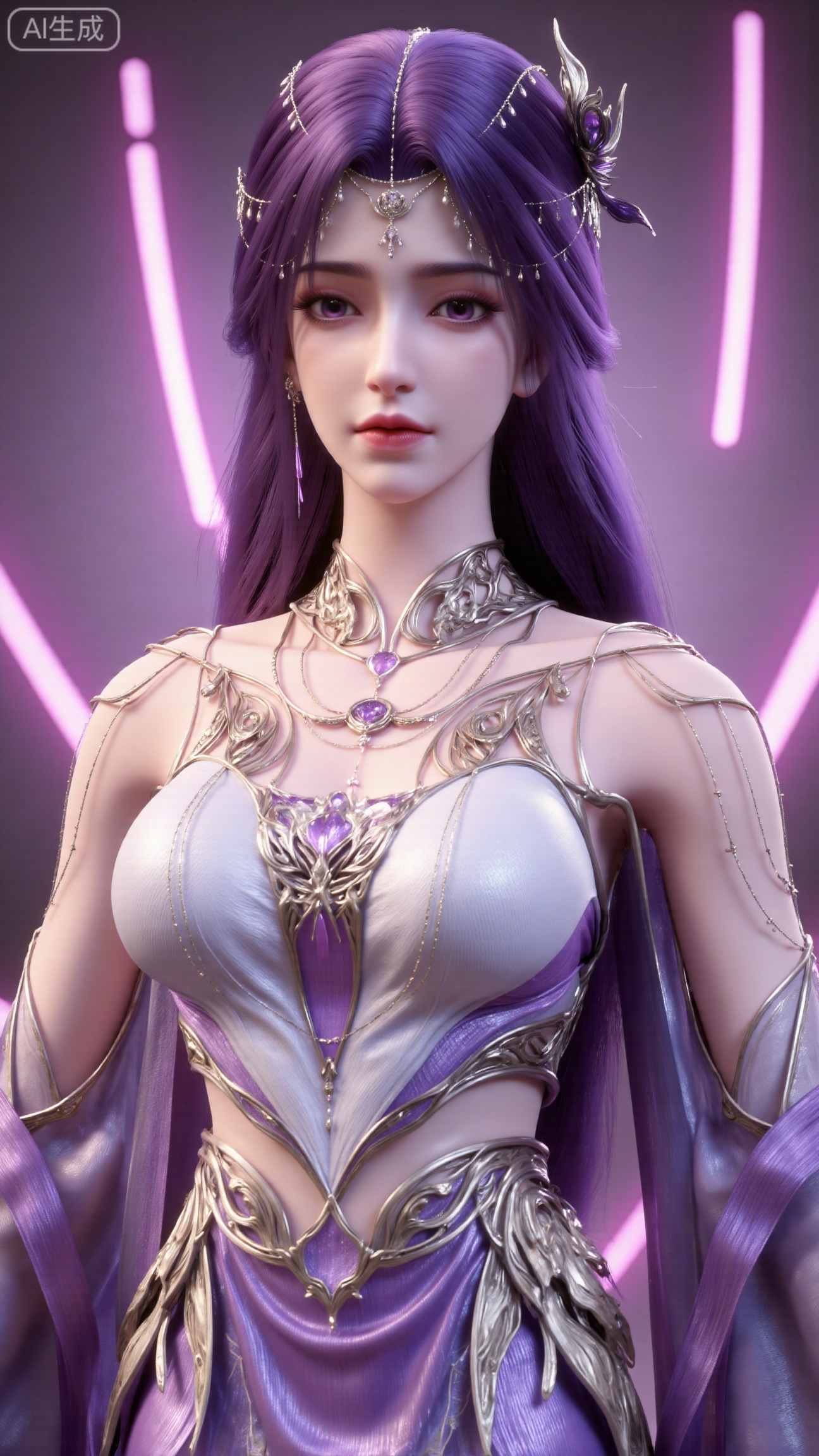 (masterpiece, best quality:1.2),Stunning purple-haired fairy, full-frontal portrait, high-precision 3D Chinese style modeling, white and purple gradient ancient costume, transparent sleeves, pink-purple light beams and fireworks background, dreamy lighting effects, soft gaze, light lines surrounding the body, high specular reflection, ultra-realistic skin texture. Soft focus, 8K resolution.,(huge breasts:2.99),(full breasts:2.99),XbaifengsongyuYH,Xbigbreasts,XyunxitianmingshiY,XyunxitianmingshiY