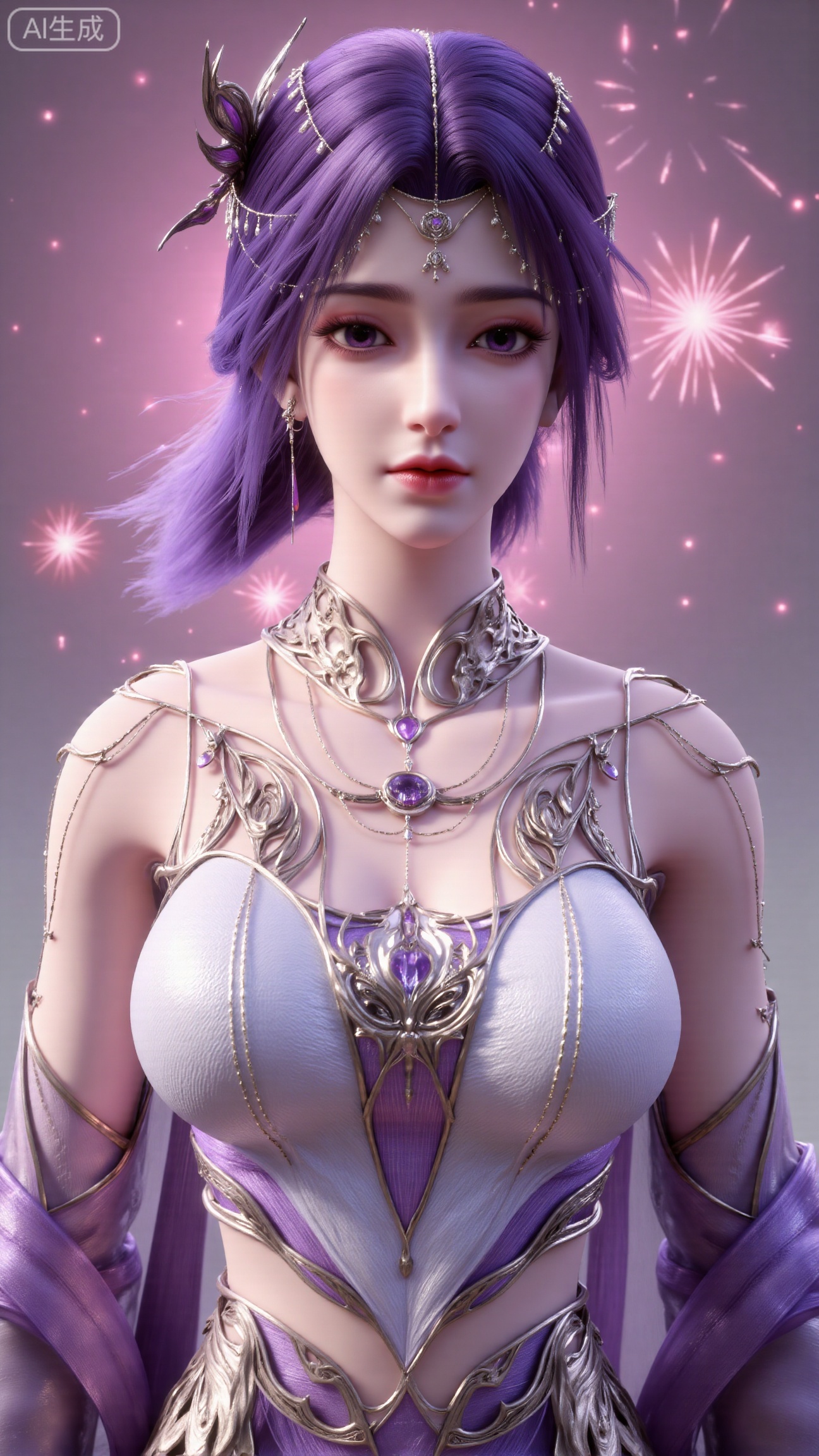 (masterpiece, best quality:1.2),Stunning purple-haired fairy, full-frontal portrait, high-precision 3D Chinese style modeling, white and purple gradient ancient costume, transparent sleeves, pink-purple light beams and fireworks background, dreamy lighting effects, soft gaze, light lines surrounding the body, high specular reflection, ultra-realistic skin texture. Soft focus, 8K resolution.,(huge breasts:2.99),(full breasts:2.99),XbaifengsongyuYH,Xbigbreasts,XyunxitianmingshiY,XyunxitianmingshiY
