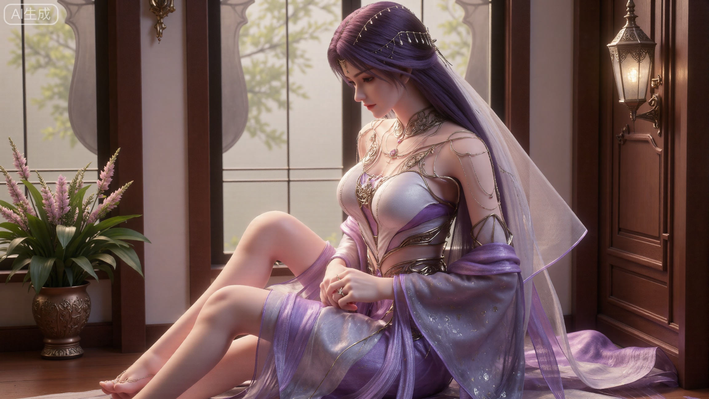 (masterpiece, best quality:1.2),indoors,window,traditional lantern,bare legs,potted plants, long legs,dress,blurry background,motion blur,full body,legs,beautiful detailed eyes,legs,breasts,Detailed eyes,CG rendering,8K resolution,8K quality,Volume light,room,forest,(huge breasts:2.99),(full breasts:2.99),,XbaifengsongyuYH,Xbigbreasts,XyunxitianmingshiY,XyunxitianmingshiY