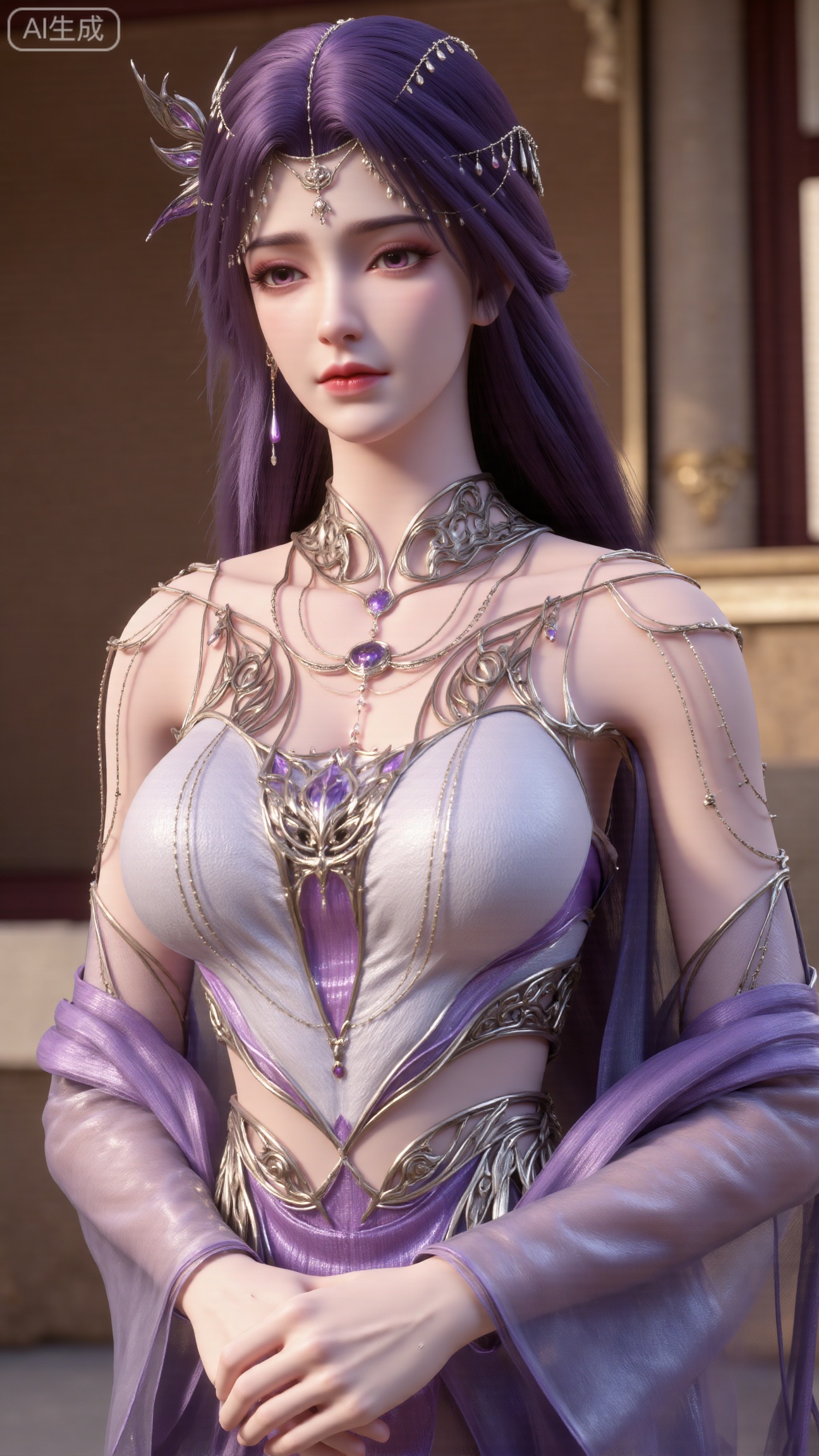 (masterpiece, best quality:1.2),Stunningly beautiful Chinese immortal fairy, purple hair, high-precision 3D rendering, Chinese fantasy donghua style, white and purple ancient costume long dress, transparent light gauze sleeves, intricate gold wire metal body jewelry, gentle eyes, standing pose, hands folded, indoor palace background, soft rim light, high-gloss material, cinematic lighting. Depth of field, ultra detail, 8K.,(huge breasts:2.99),(full breasts:2.99),XbaifengsongyuYH,Xbigbreasts,XyunxitianmingshiY,XyunxitianmingshiY