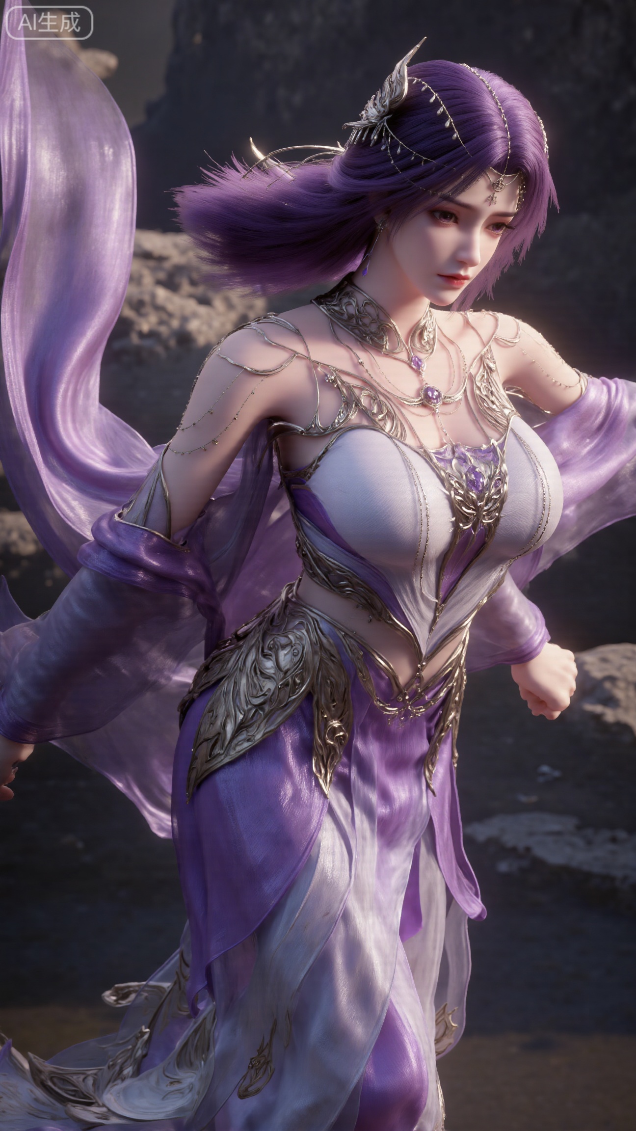 (masterpiece, best quality:1.2),Stunning purple-haired fairy in a diving/flying pose, close-up, highly dynamic, 3D Chinese animation rendering, purple long dress with silk and light gauze texture, intricate gold armor, focused facial expression, background is dark mountains and rocks, strong wind blowing, dynamic motion, cinematic lighting. Ultra-high resolution, HDR.,(huge breasts:2.99),(full breasts:2.99),XbaifengsongyuYH,Xbigbreasts,XyunxitianmingshiY,XyunxitianmingshiY