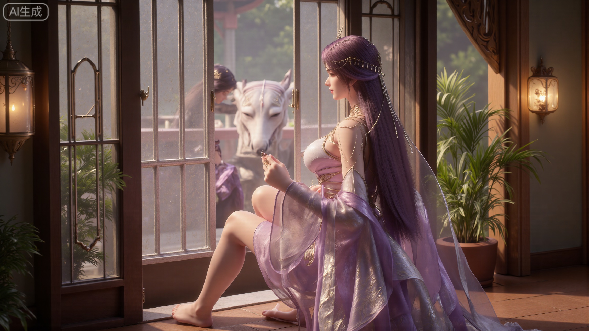 (masterpiece, best quality:1.2),indoors,window,traditional lantern,bare legs,potted plants, long legs,dress,blurry background,motion blur,full body,legs,beautiful detailed eyes,legs,breasts,Detailed eyes,CG rendering,8K resolution,8K quality,Volume light,room,forest,(huge breasts:2.99),(full breasts:2.99),,XbaifengsongyuYH,Xbigbreasts,XyunxitianmingshiY,XyunxitianmingshiY